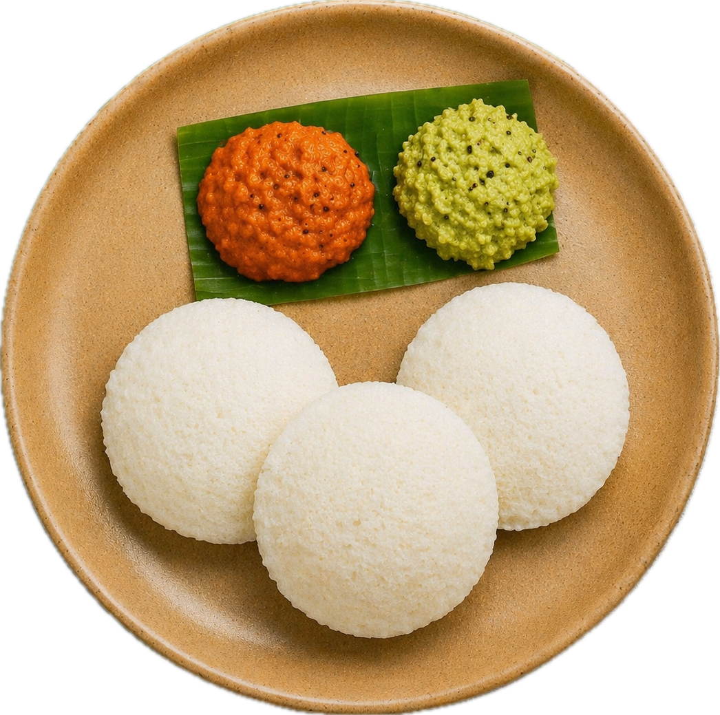 Soft steamed idli with chutneys