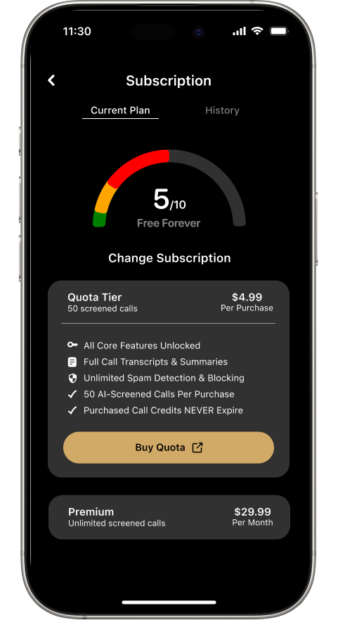 Subscription screen showing Free Forever plan with 5/10 calls remaining on the usage gauge