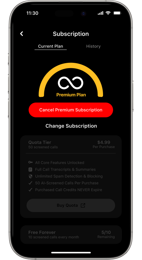 Subscription screen showing Premium Plan with infinity symbol and cancel subscription option