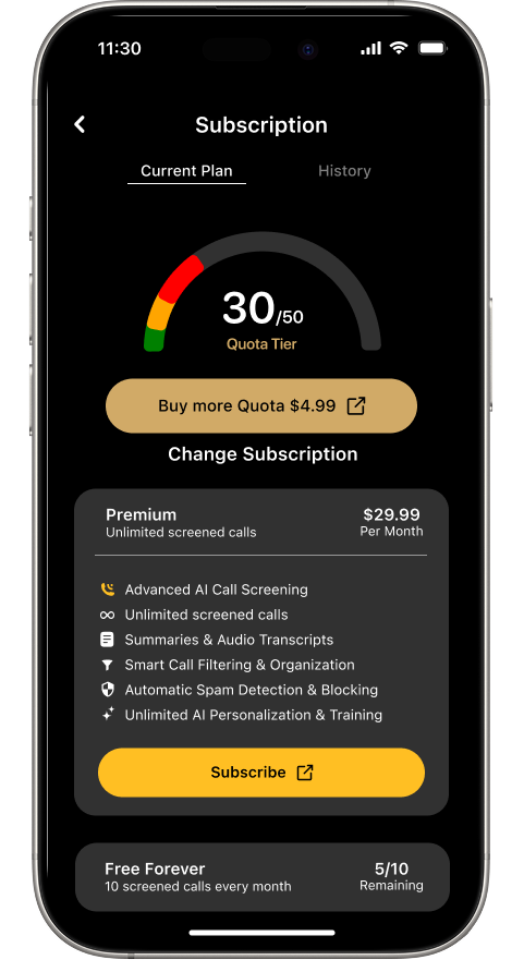 Subscription screen showing Quota Tier with 30/50 calls remaining on the usage gauge