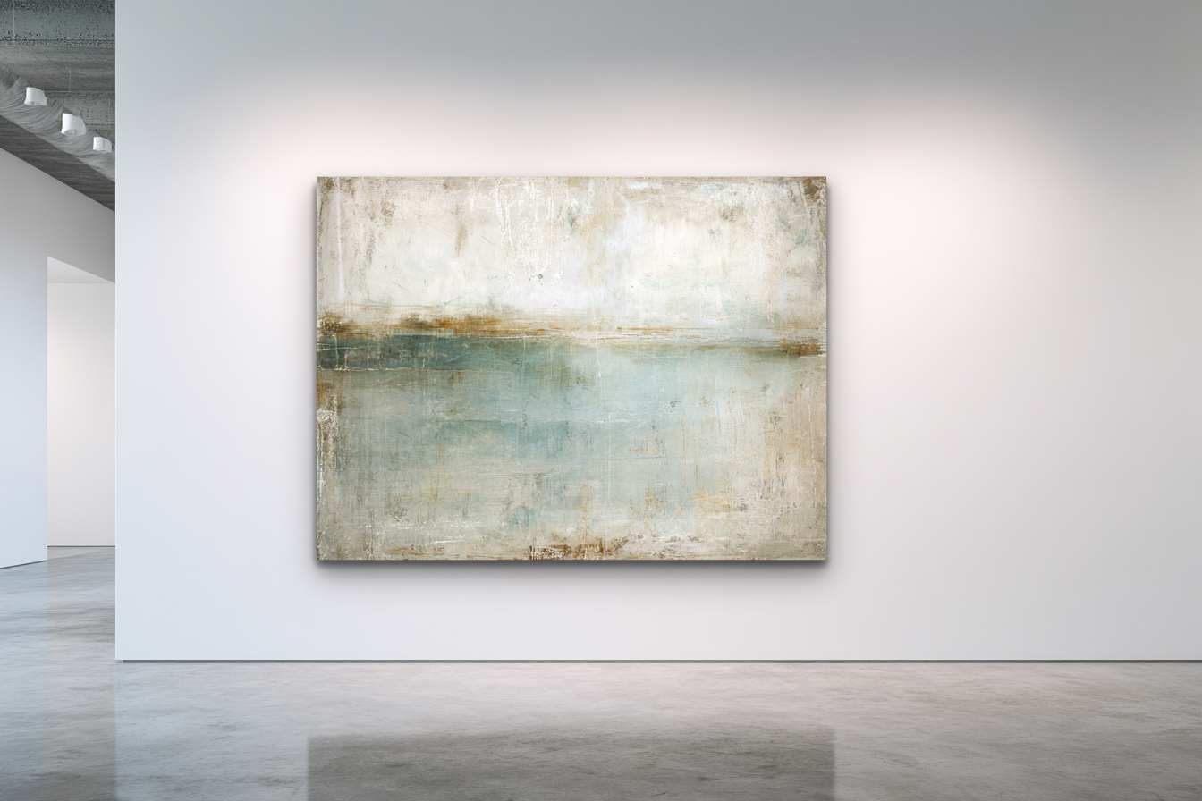 Horizontal coastal abstract with teal-aqua water band and cream earth tones