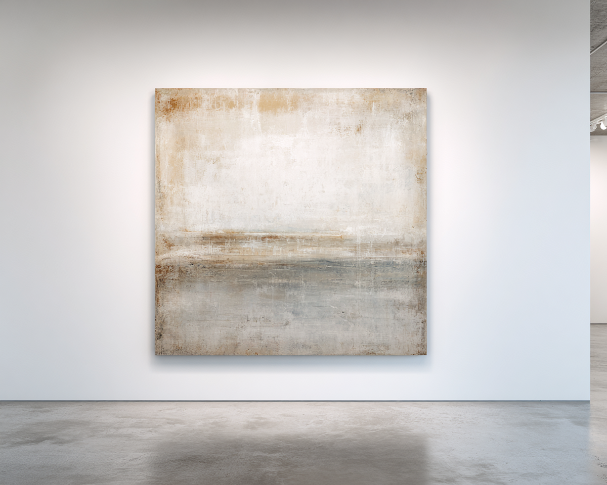 Square abstract with warm ochre-sand tones fading to grey-blue water
