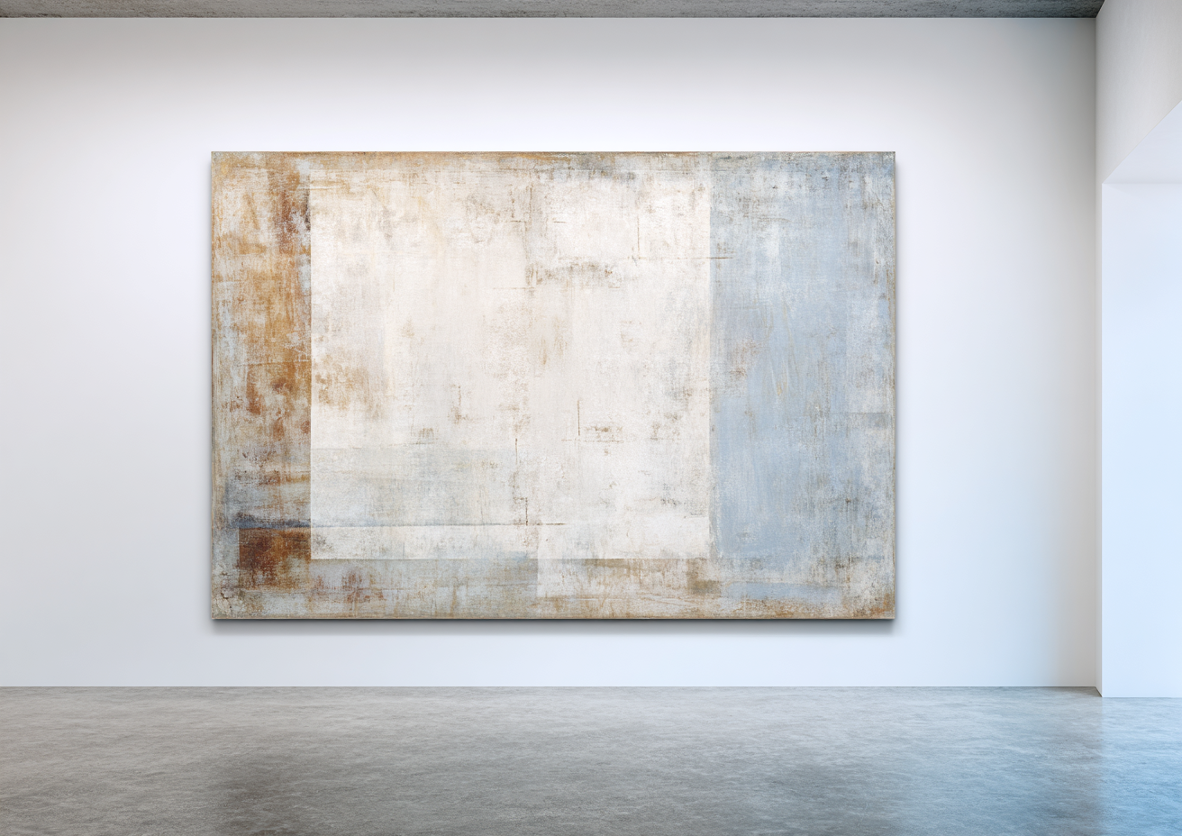 Large horizontal abstract with geometric cream, rust, and grey-blue color blocks