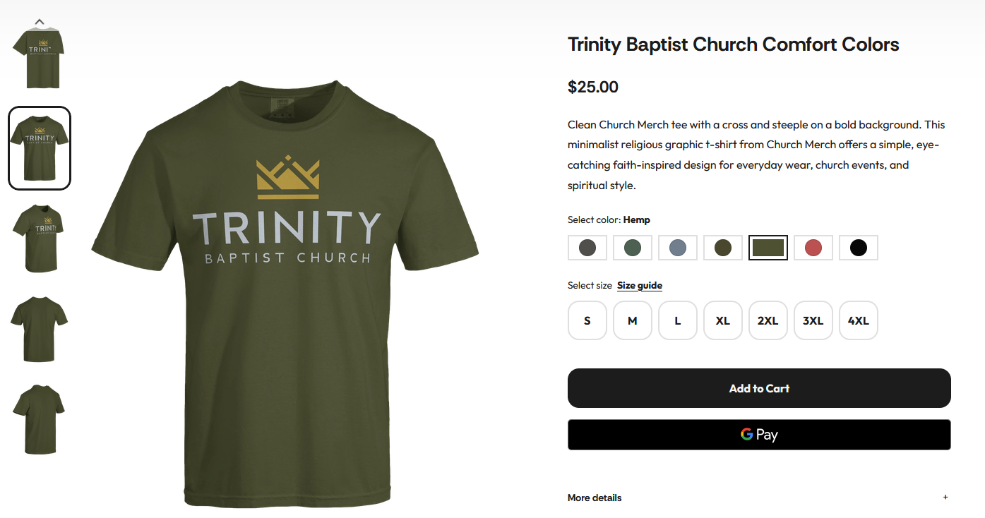 Example storefront product page for a Trinity Baptist Church olive-green t-shirt with a crown logo, priced at $25.00 with color and size options and an Add to Cart button