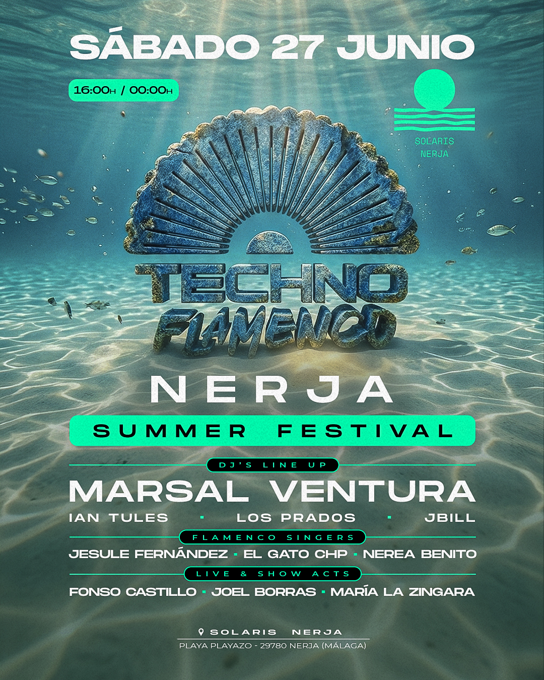 Cartel Techno Flamenco Nerja 2026 Marsal Ventura fusion electronica flamenco
