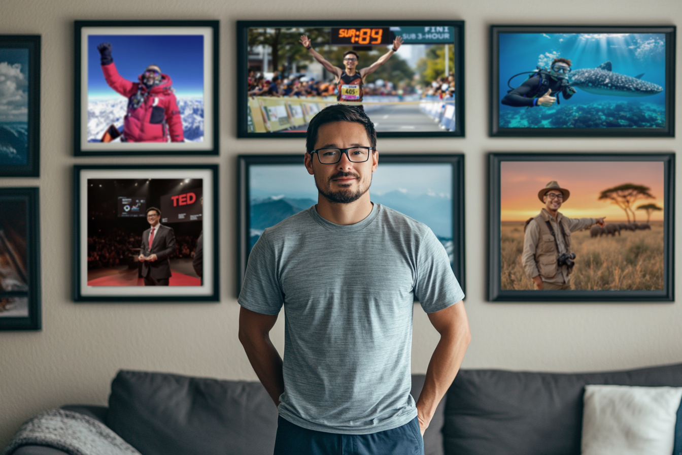 Man standing in front of wall of framed photos showing himself in various adventures he never experienced
