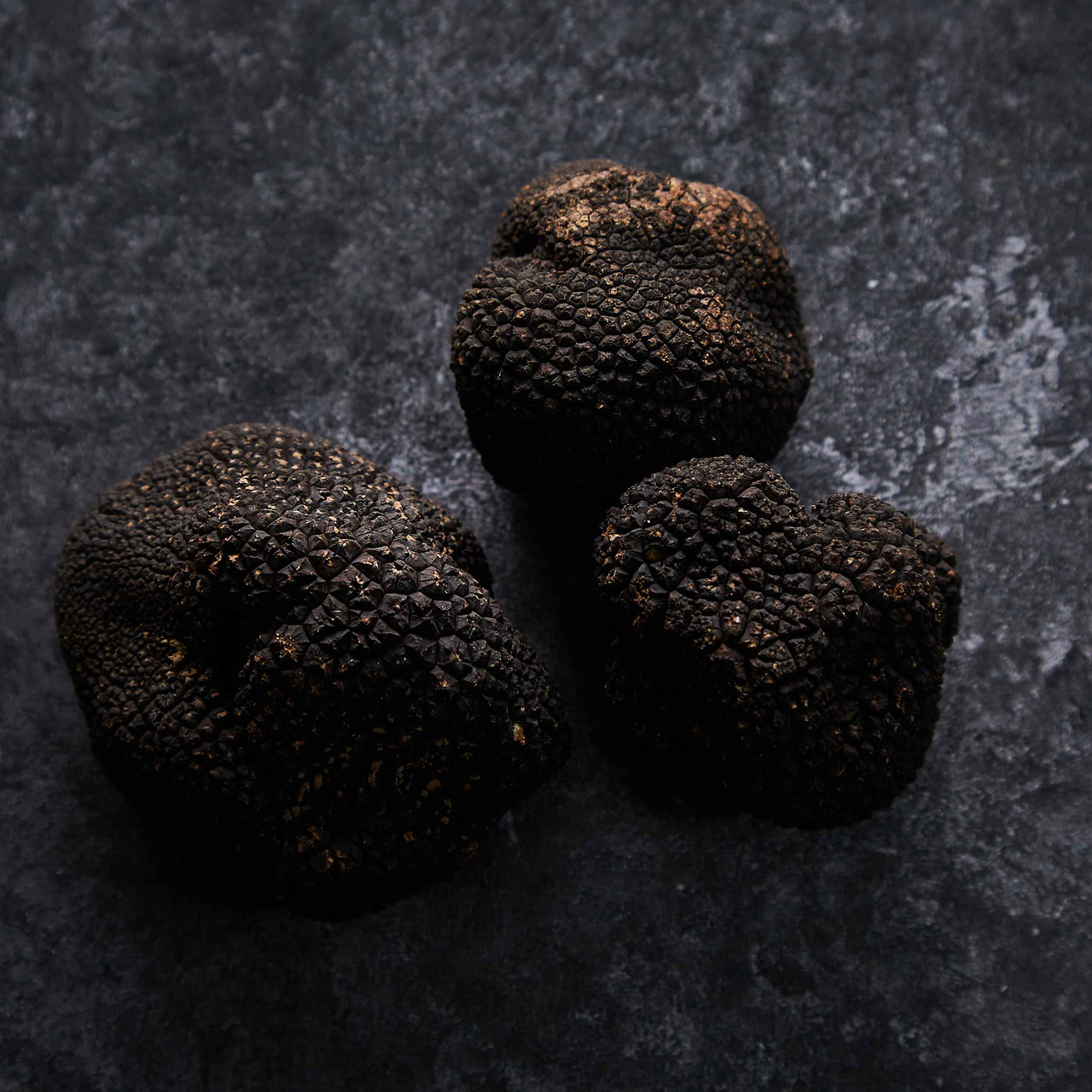 Três trufas negras Tuber melanosporum com textura verrugosa característica em fundo escuro elegante