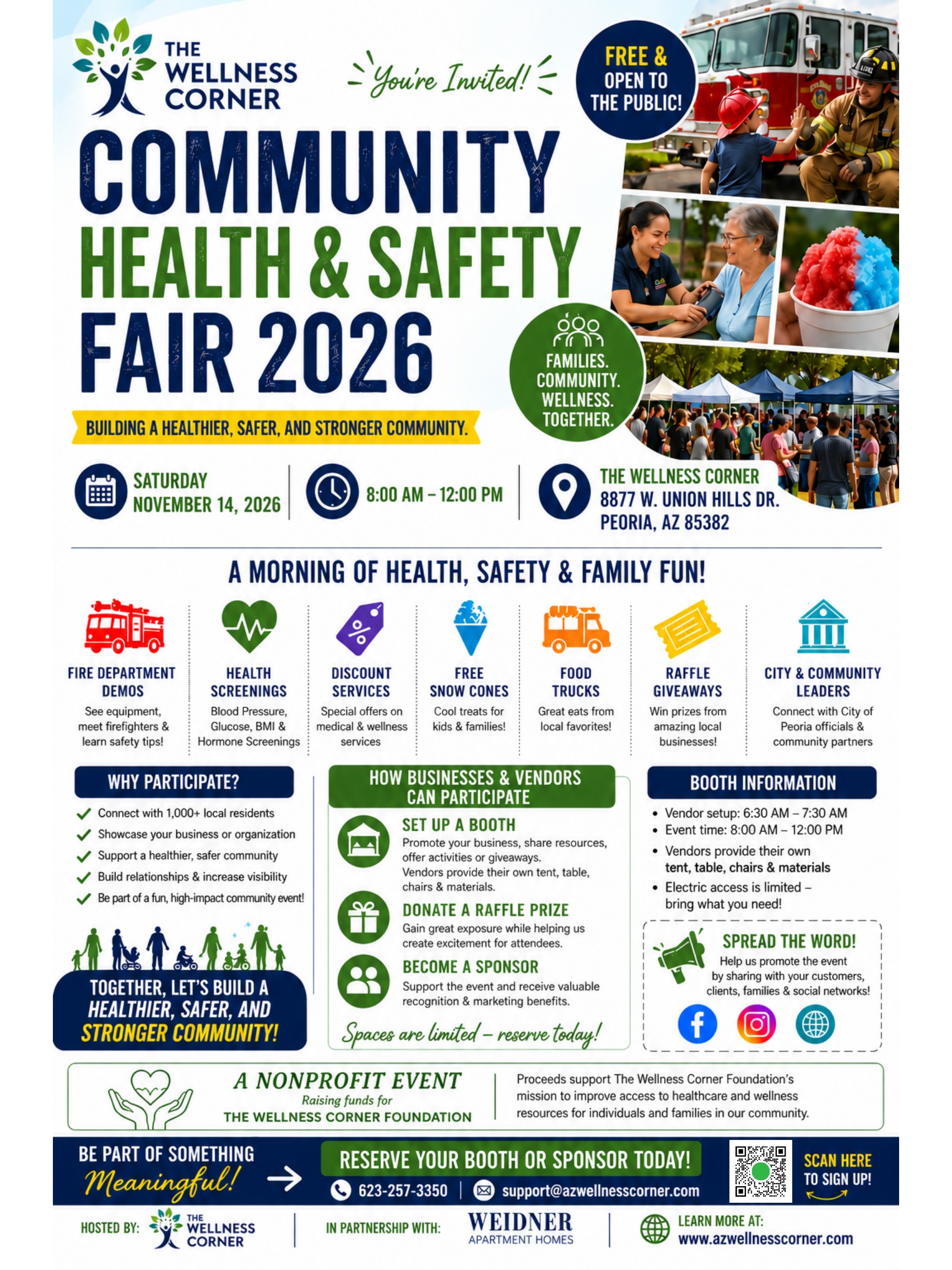 Community Health and Safety Fair 2026 flyer with event details and participation opportunities