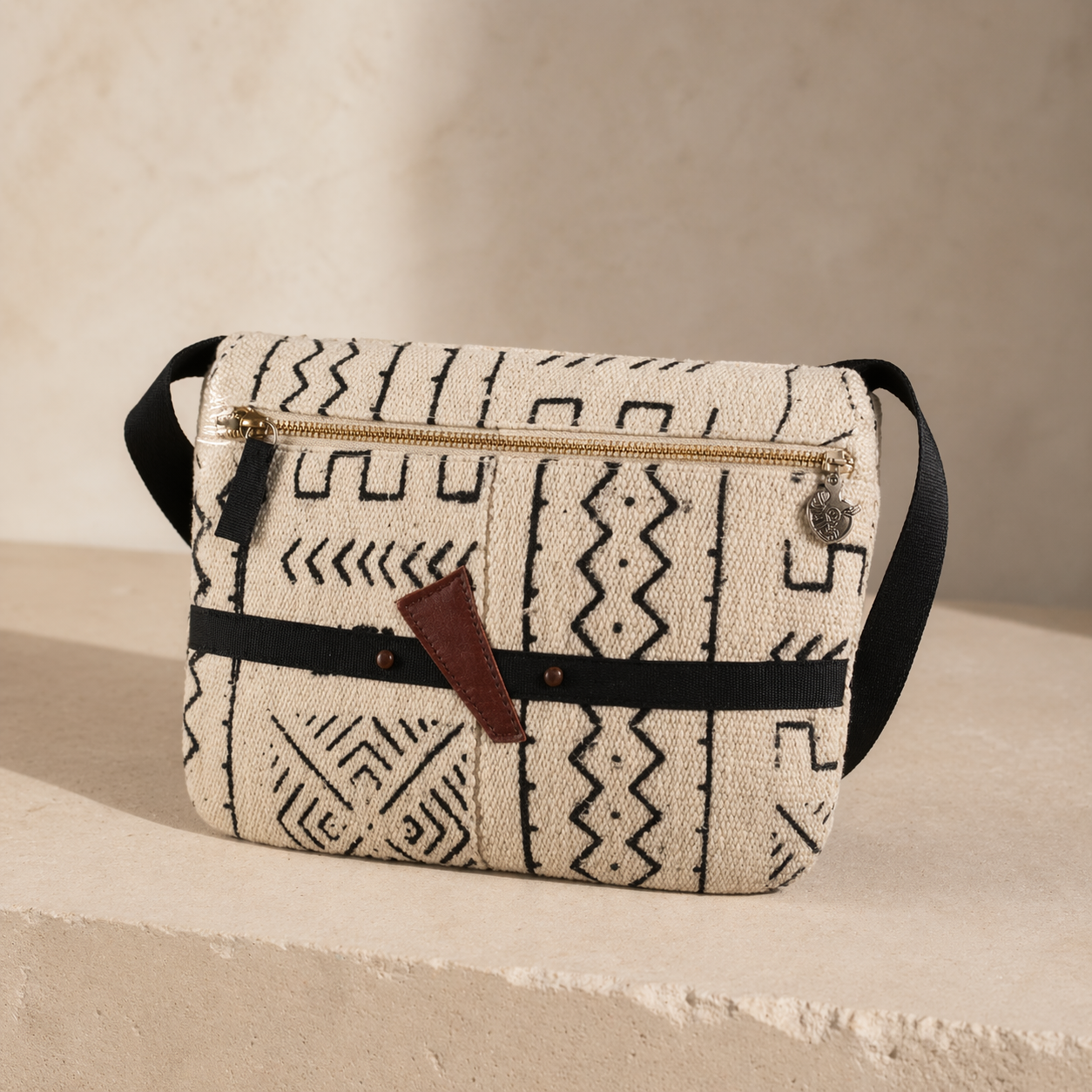 Tabby crossbody fanny pack with Adinkra textile pattern