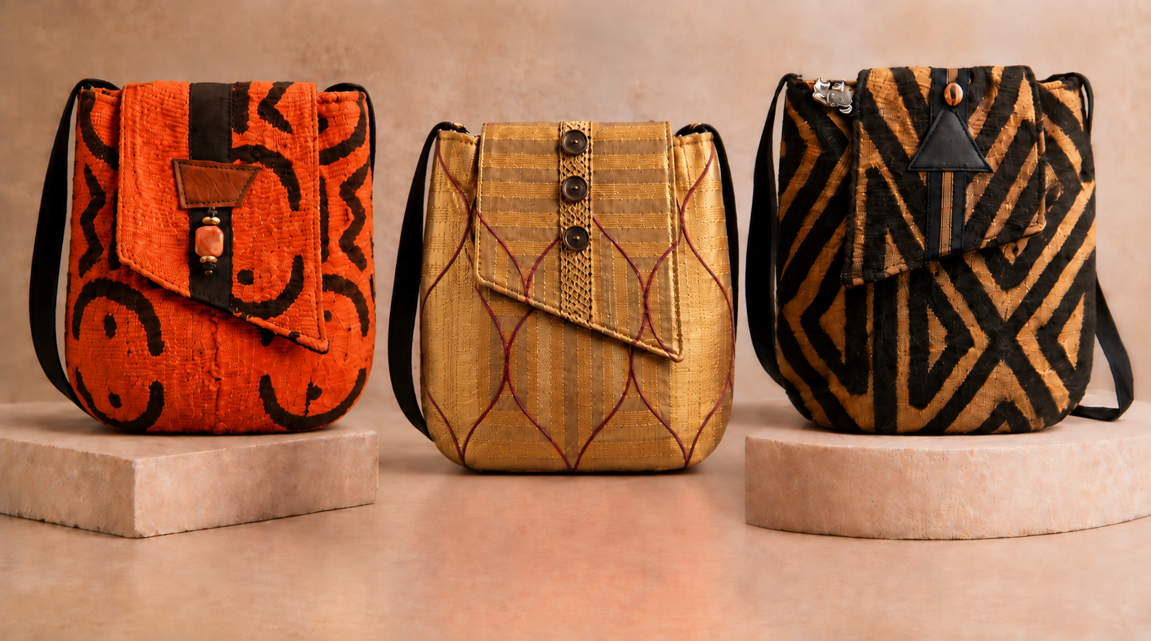 Three handmade Tabby U-Bags in orange, gold, and black patterned textiles
