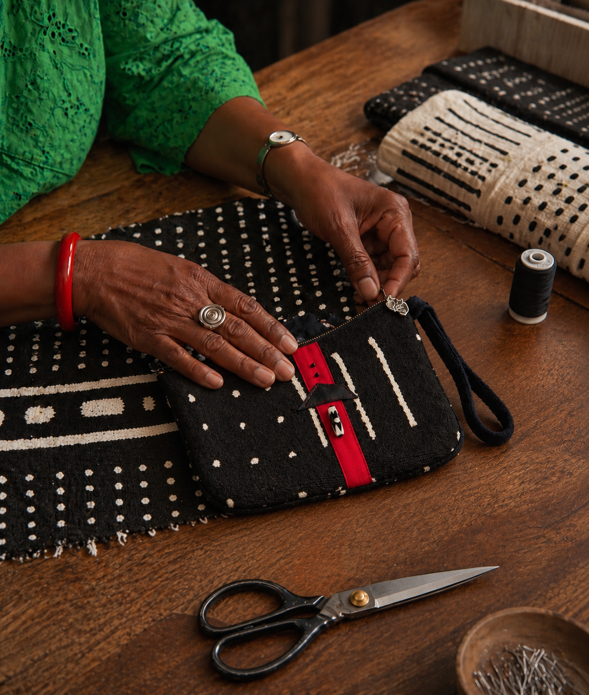 Theresa Brunson's hands finishing a handmade mudcloth wristlet at her worktable