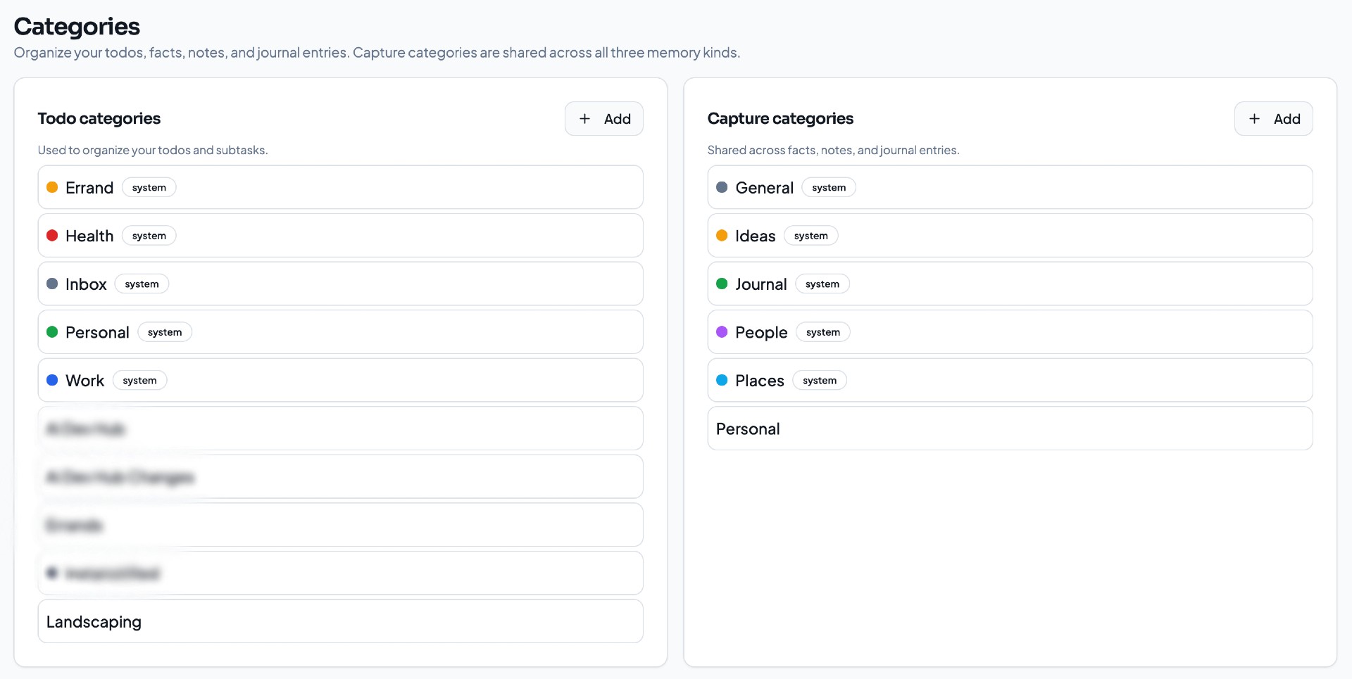 Categories are shared across todos, facts, notes, and journal — system defaults plus the ones I've added over time.