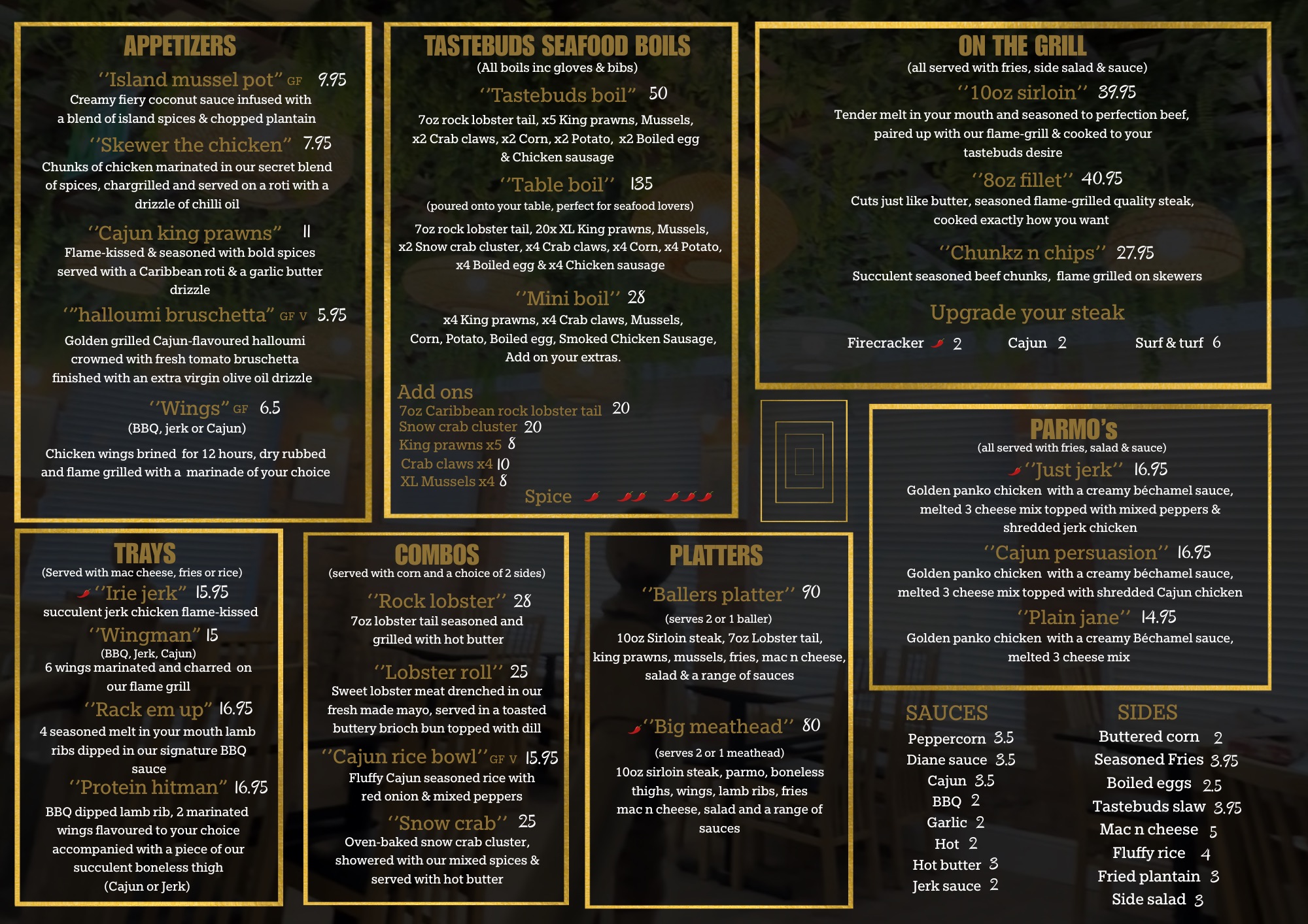 Tastebuds Main Menu - Appetizers, Seafood Boils, Grill, Trays, Combos, Platters, Parmos, Sauces and Sides