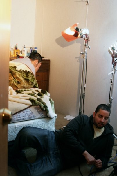 BTS — production lighting setup on the Taxy set