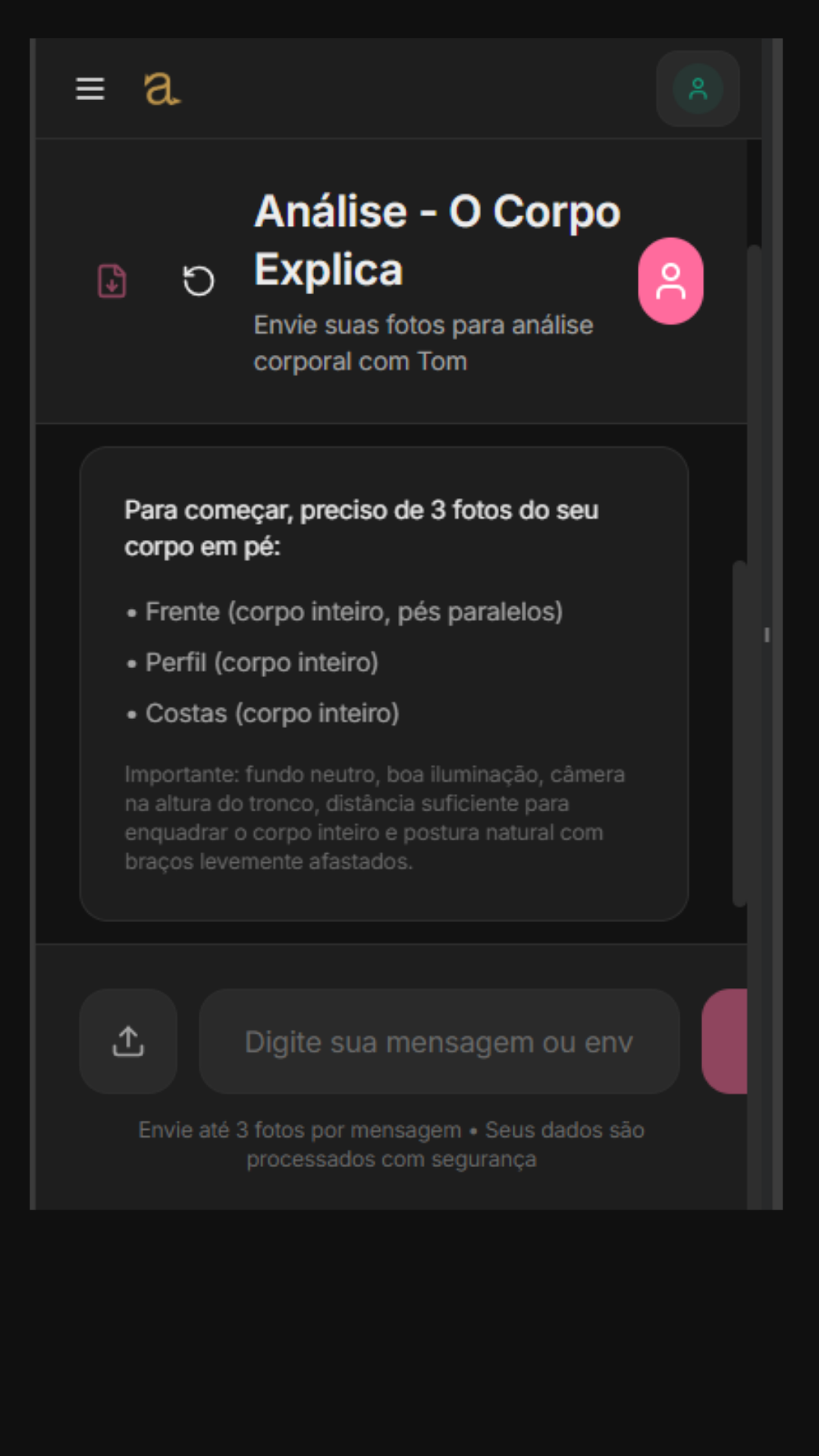 Meu Aliado Mobile - Agente Tom solicitando 3 fotos corporais para analise