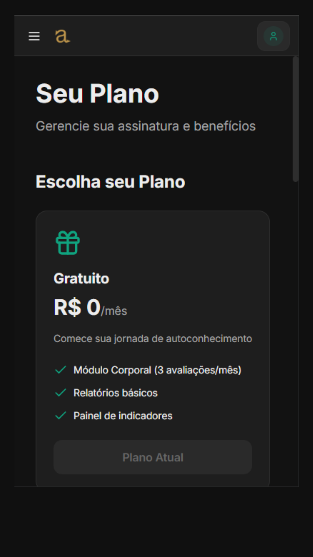 Meu Aliado Mobile - Tela Seu Plano com modelo freemium e features por tier