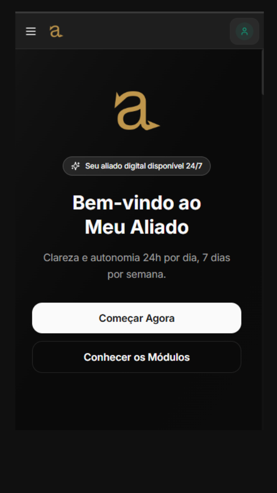 Meu Aliado Mobile - Home com logo dourado e CTAs