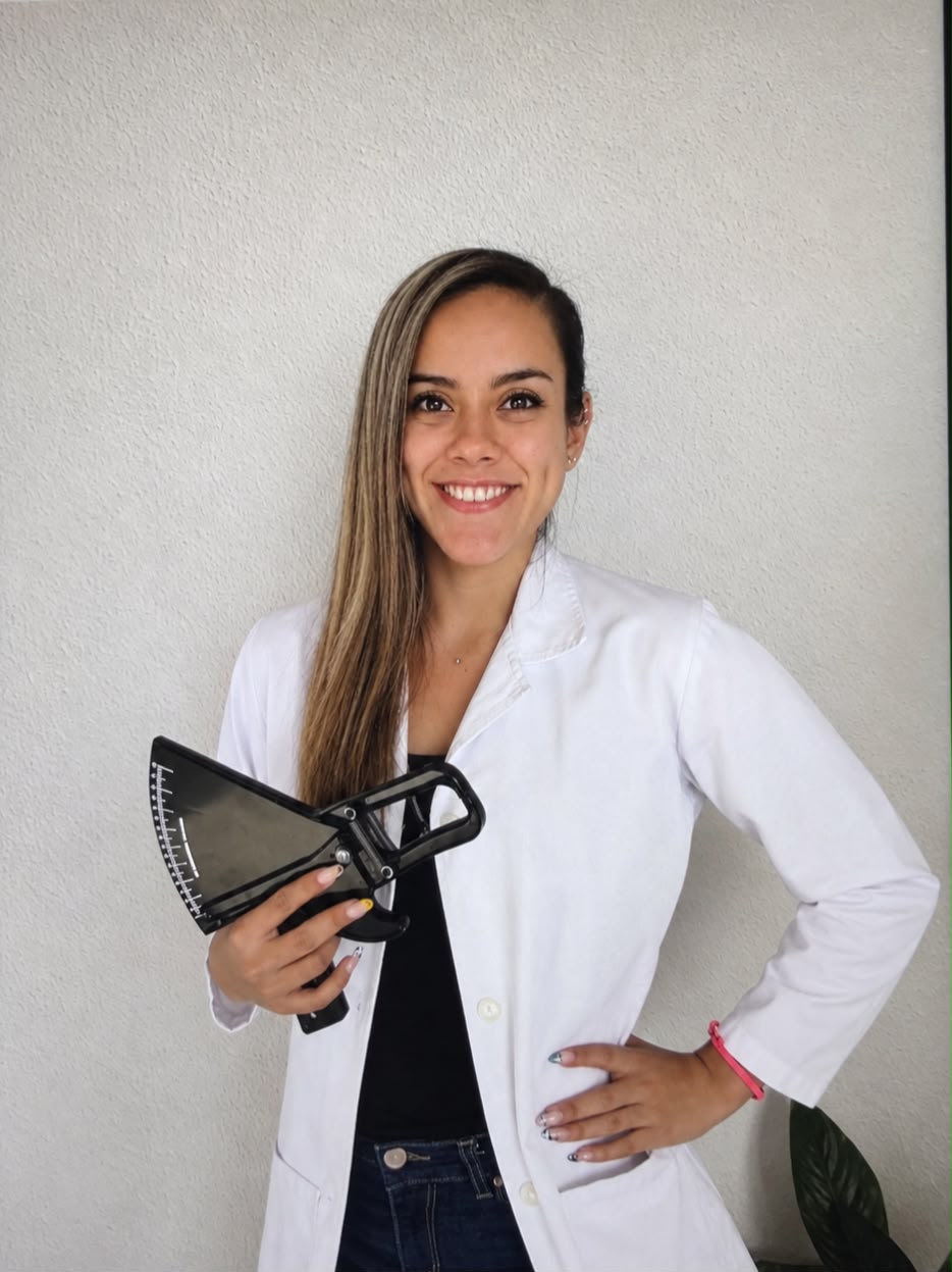 Teresita Peredo, Licenciada en Nutrición, con bata blanca sosteniendo un plicómetro