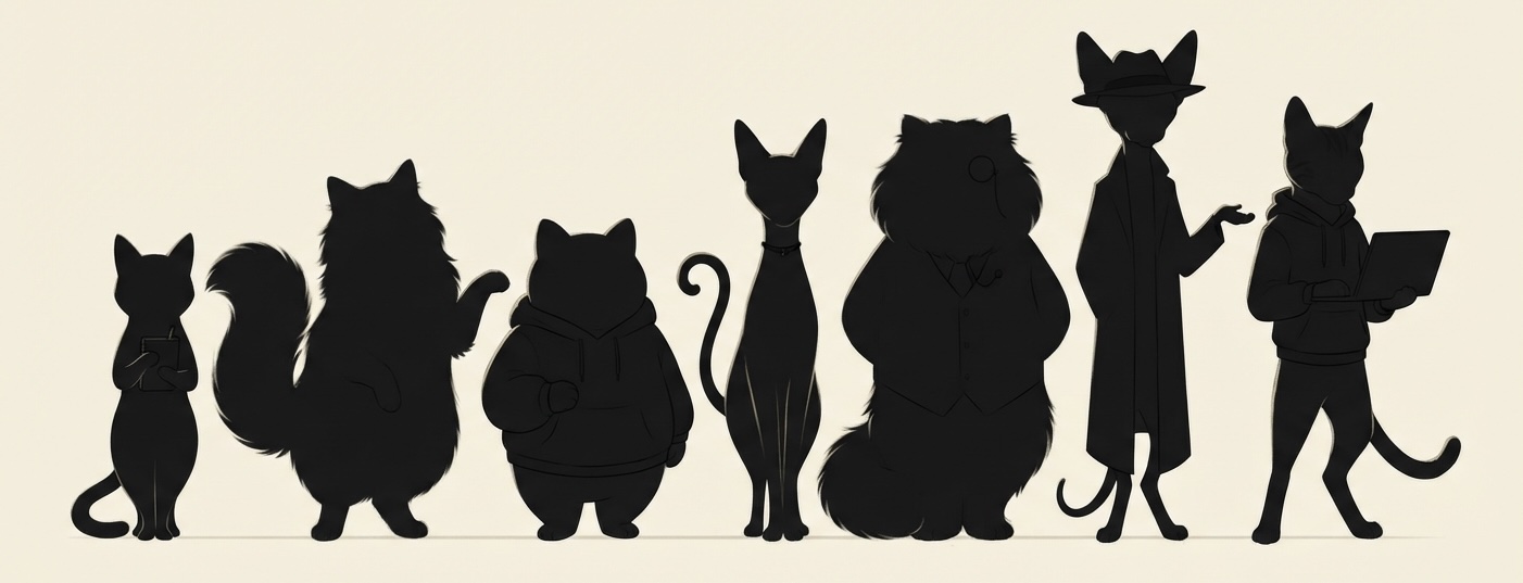 Seven black cat silhouettes gathered in distinctive outfits