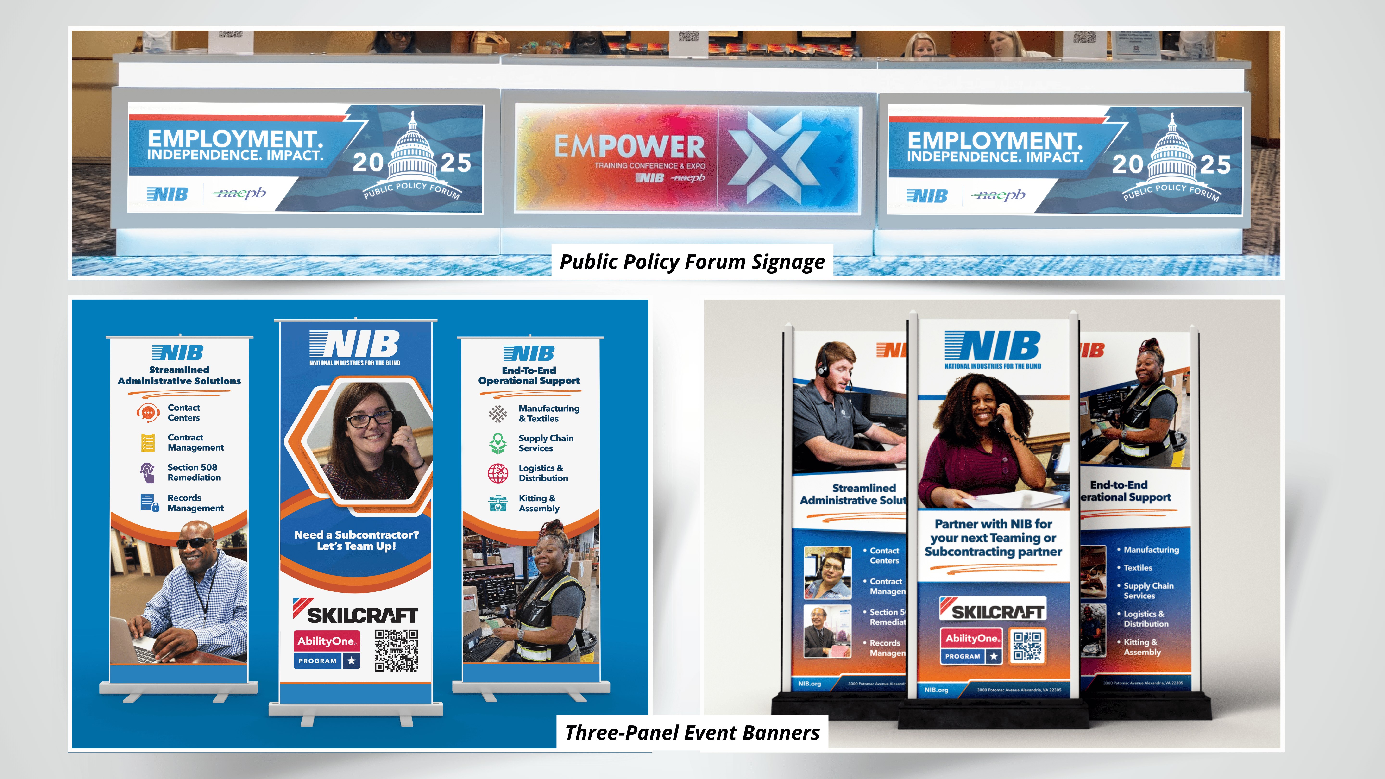 Three-panel event rollup banners and Public Policy Forum overhead signage for NIB conferences
