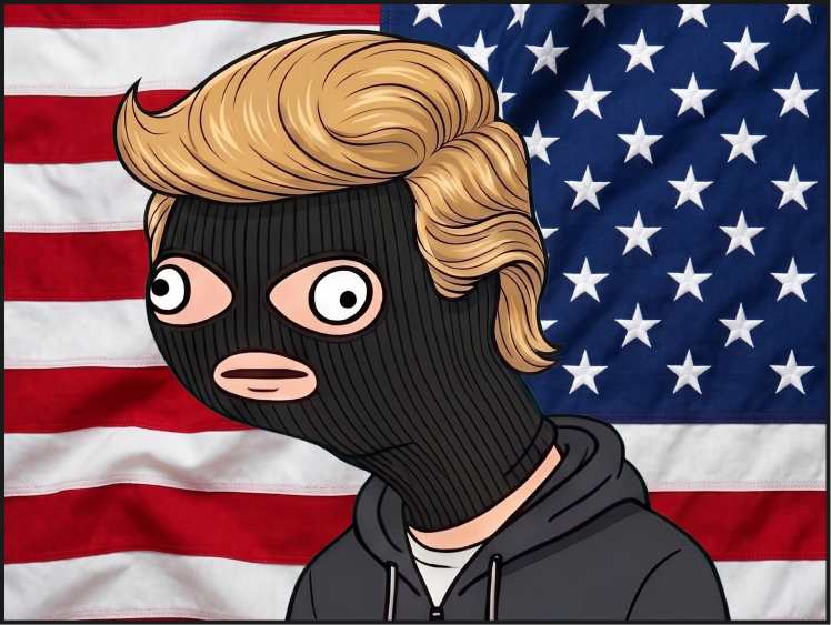 Masked character with blonde hair in hoodie against American flag