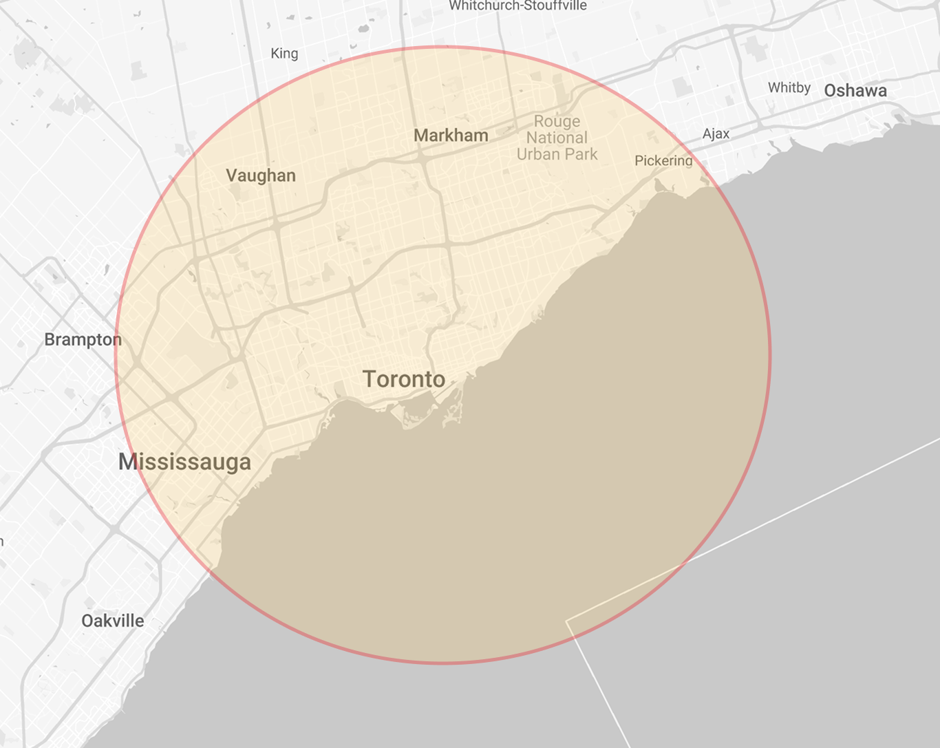 Toronto service area map showing coverage radius across the Greater Toronto Area