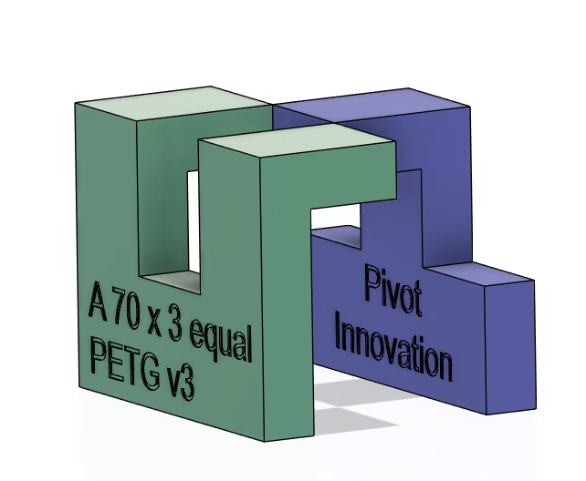 CAD render of a 3D printed tongue and groove joint in teal and purple, labelled with Pivot Innovation and material type