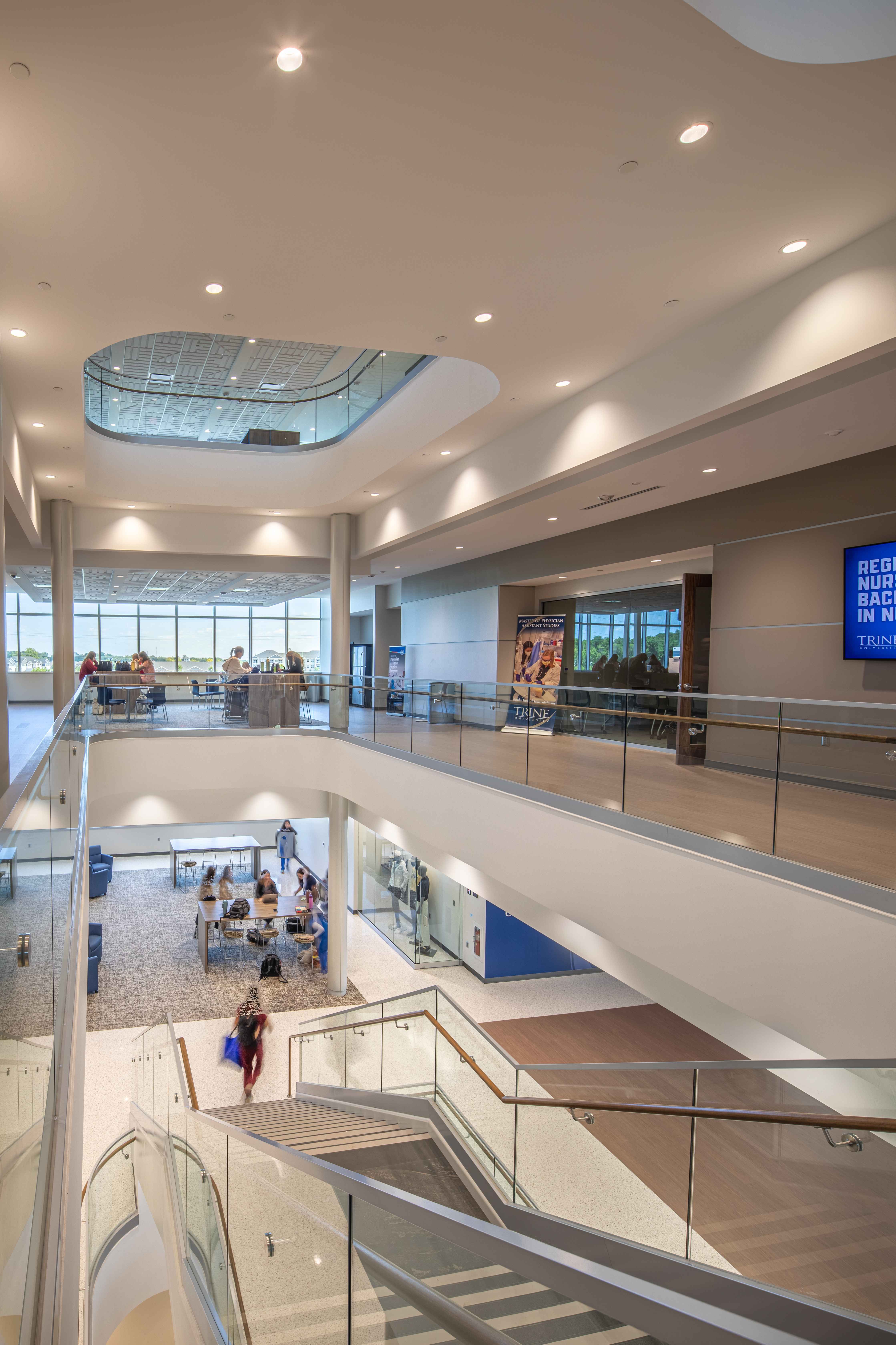 Trine University Health Professions Building — Structural Glass Mezzanine Guardrail, Portrait Multi-Level View