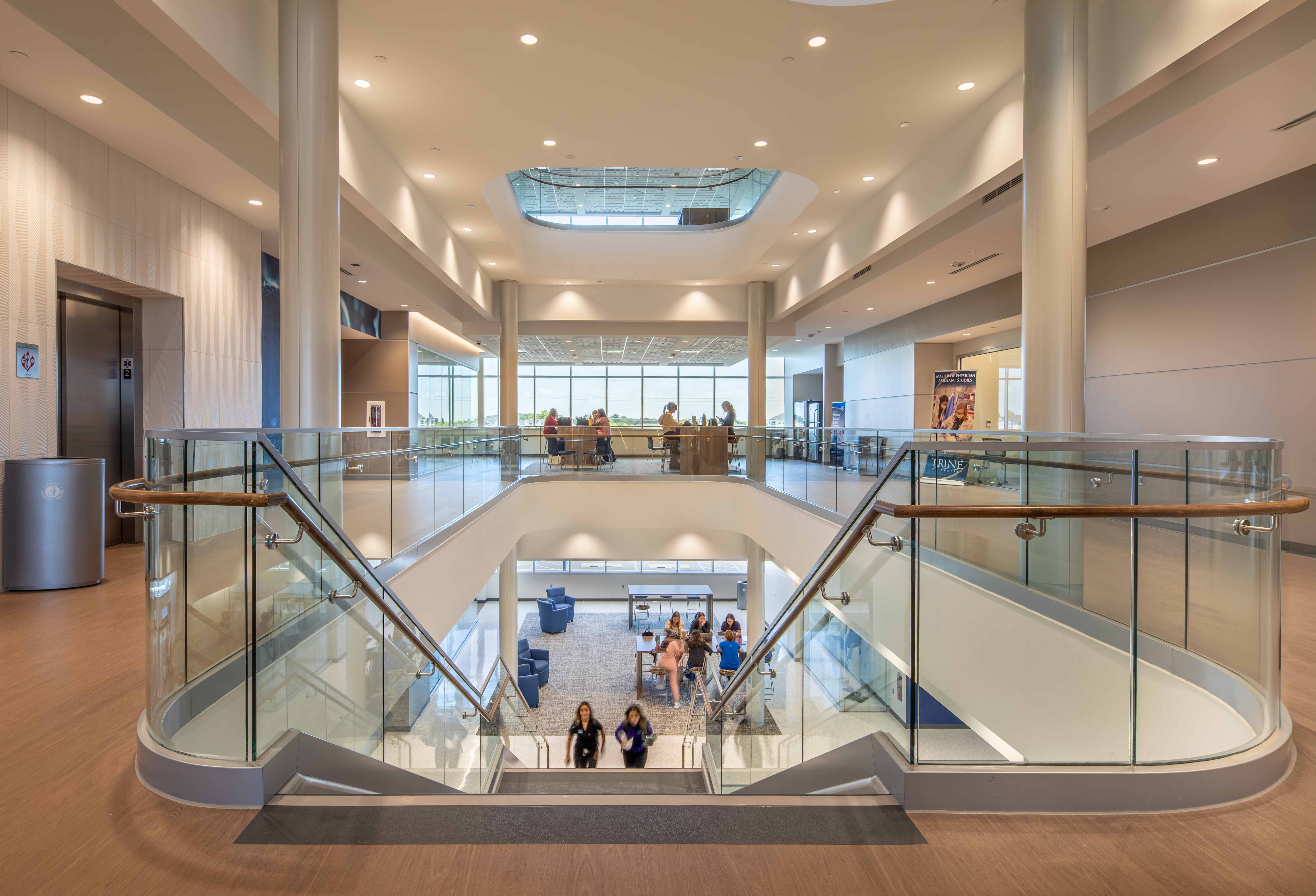 Trine University Health Professions Building — Structural Glass Upper Mezzanine, Looking Down to Stair Well