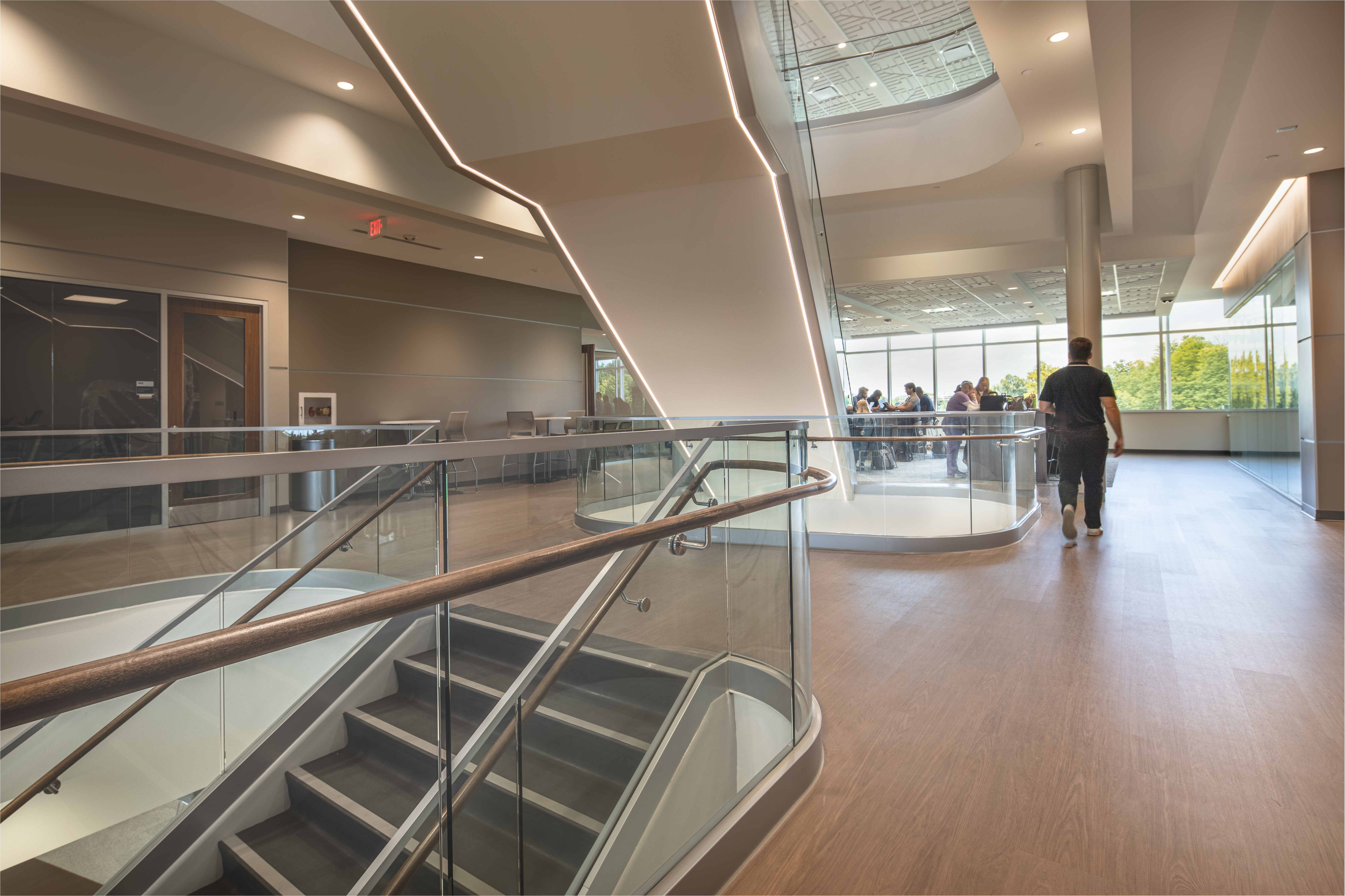 Trine University Health Professions Building — Structural Glass Stair Landing, Upper Mezzanine Level