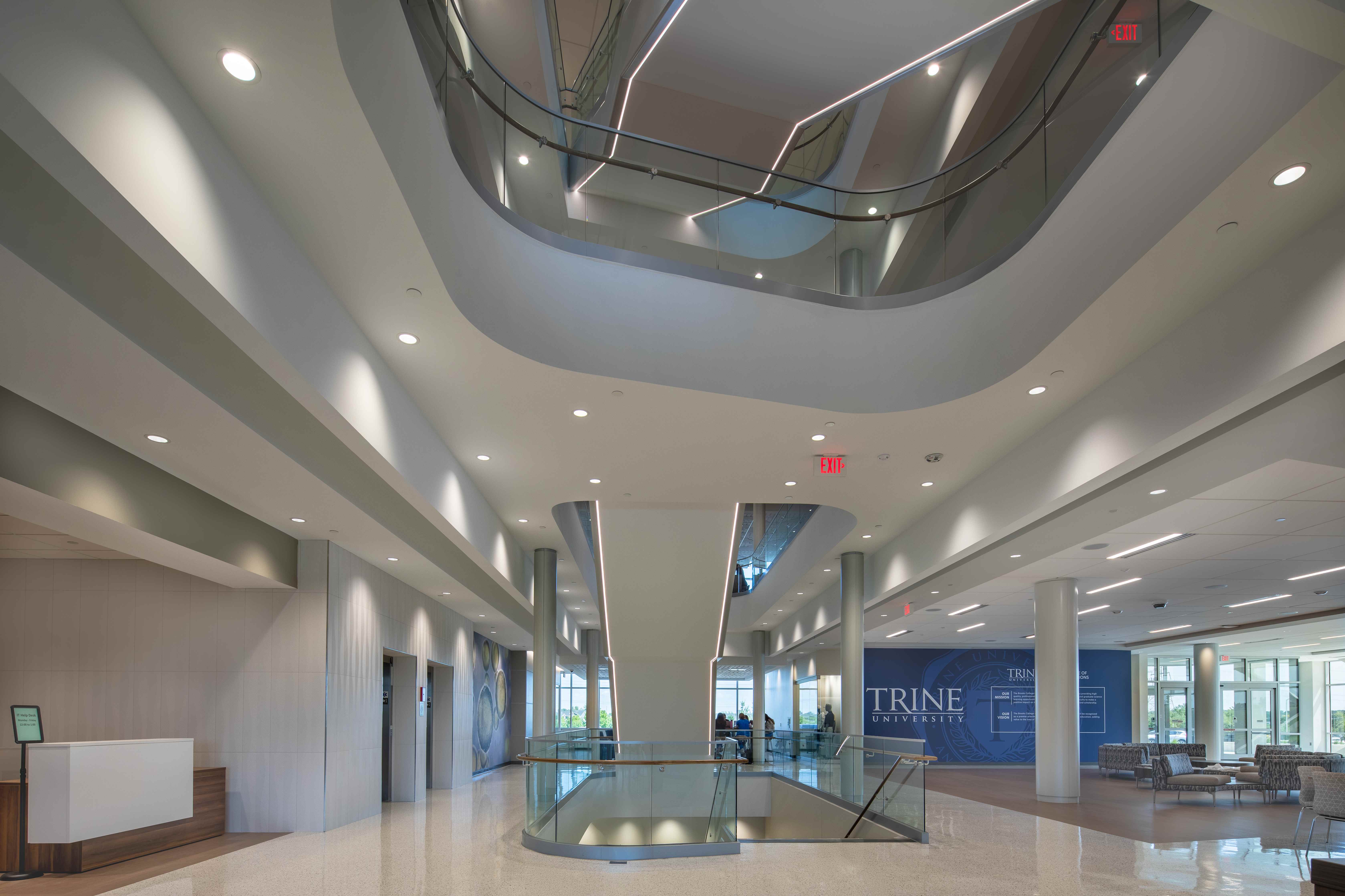 Trine University Health Professions Building — Structural Glass Atrium Overview, Wide Lobby Shot