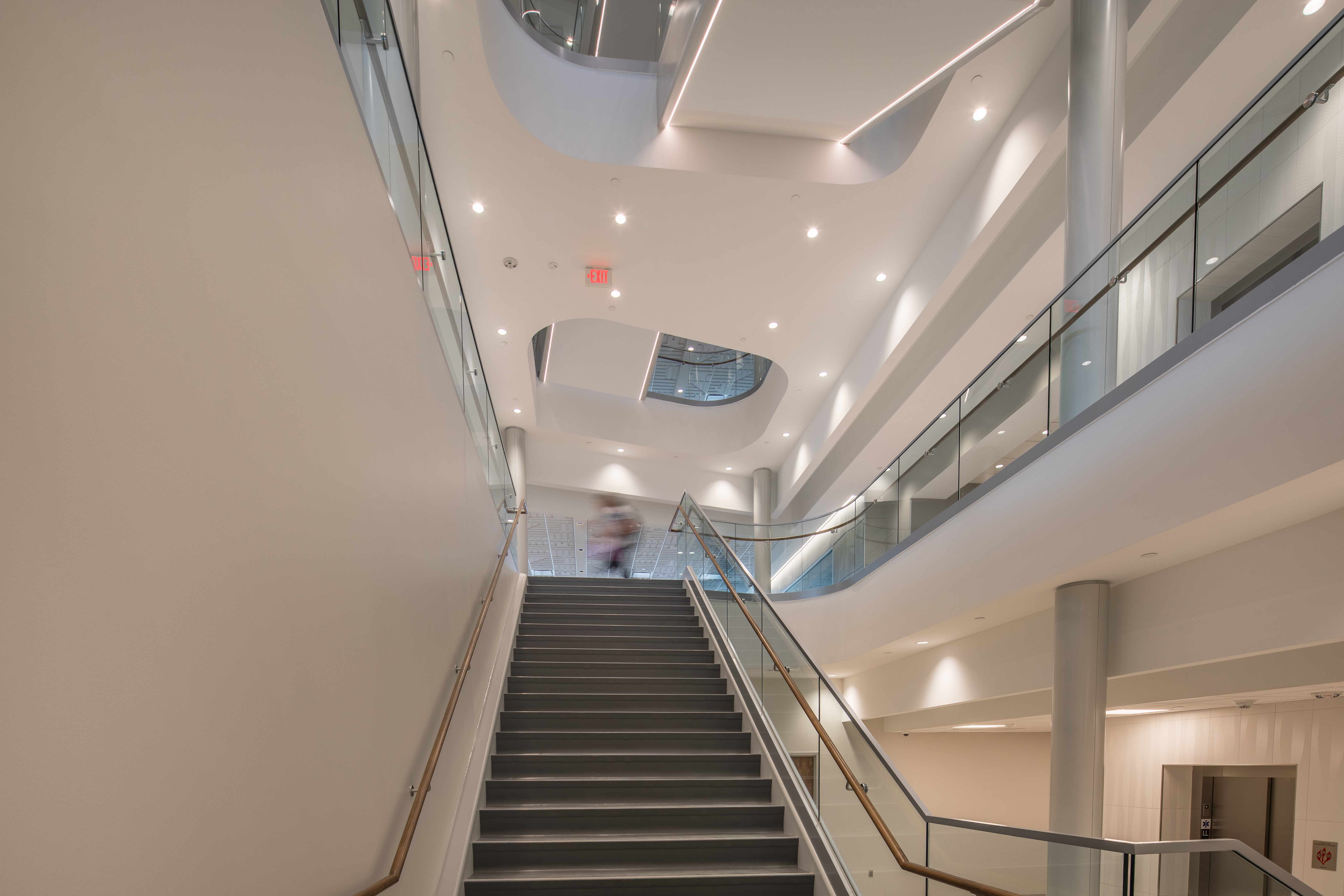 Trine University Health Professions Building — Structural Glass Stair, Looking Up from Bottom