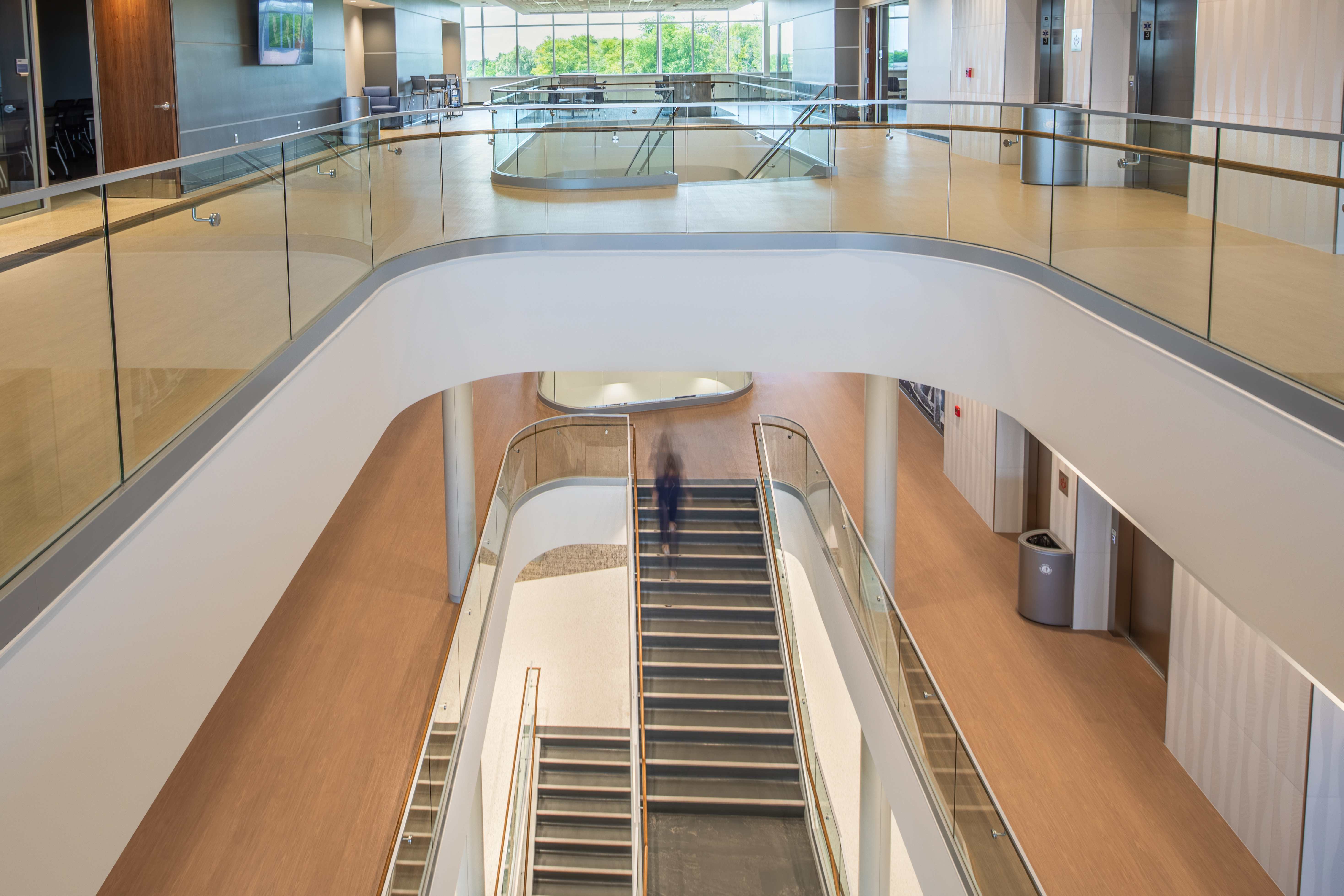 Trine University Health Professions Building — Structural Glass Atrium, Multi-Level Stair View