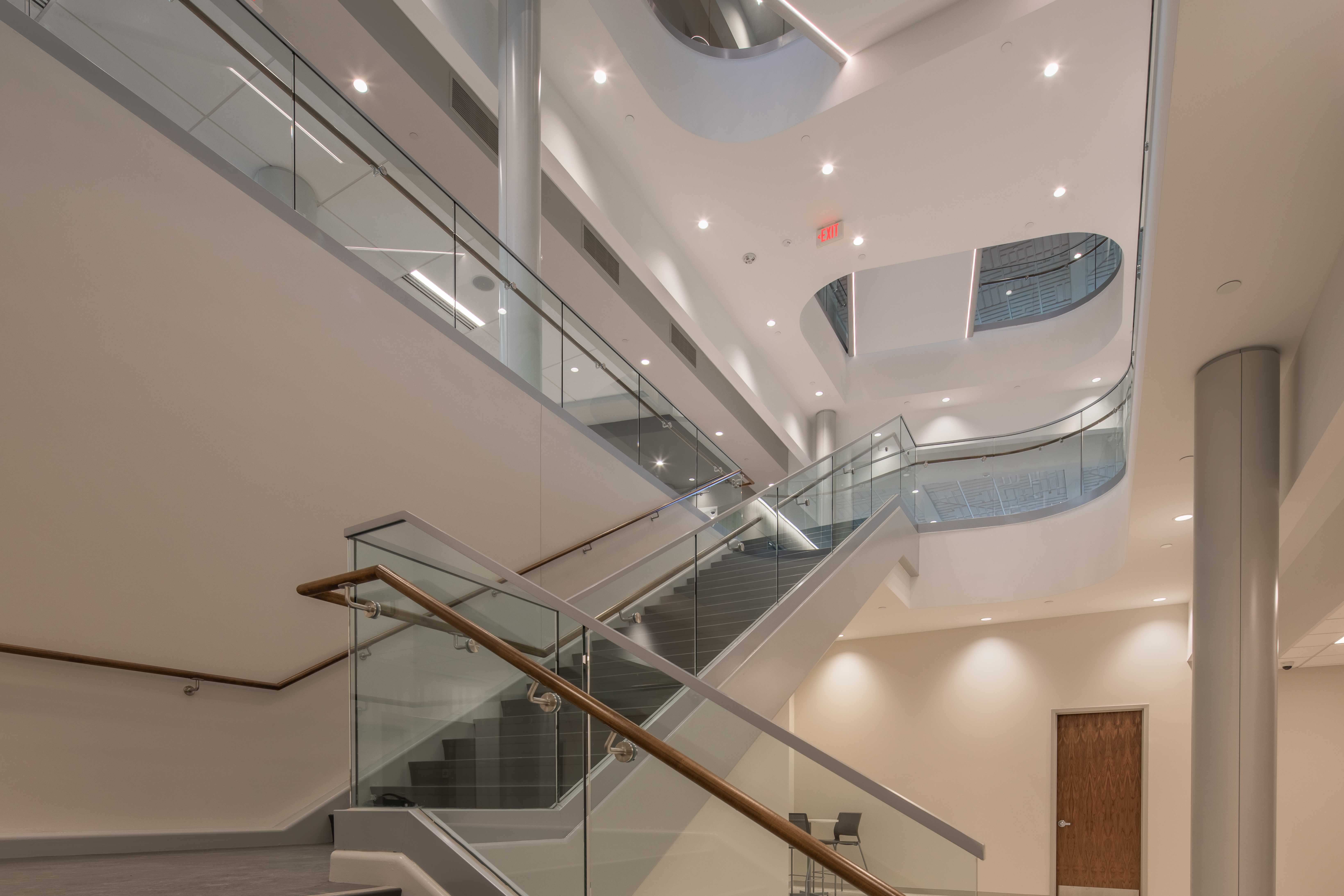 Trine University Health Professions Building — Structural Glass Multi-Level Stair with X-Cross Runs
