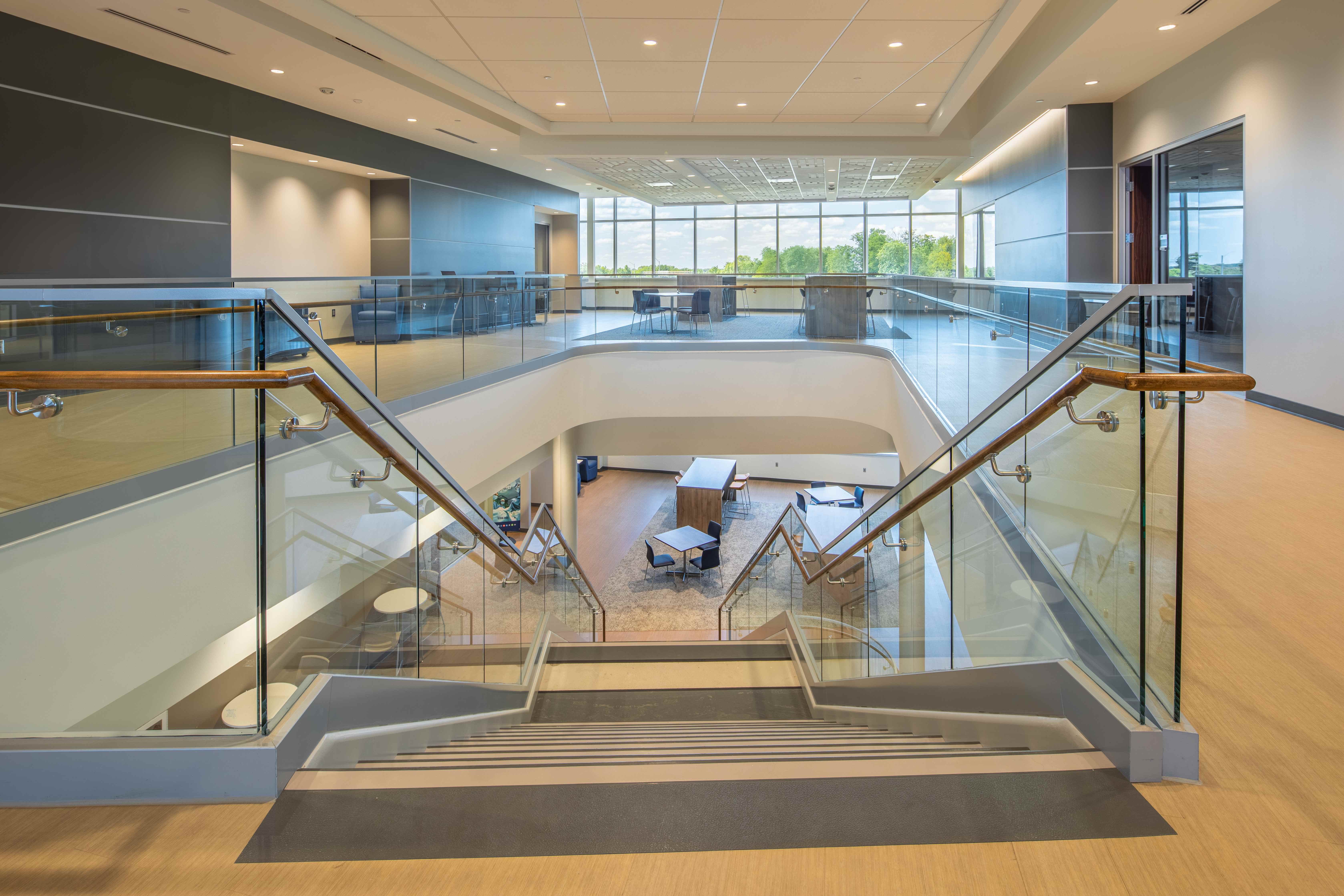 Trine University Health Professions Building — Structural Glass at Dual Stair Run, Looking Down