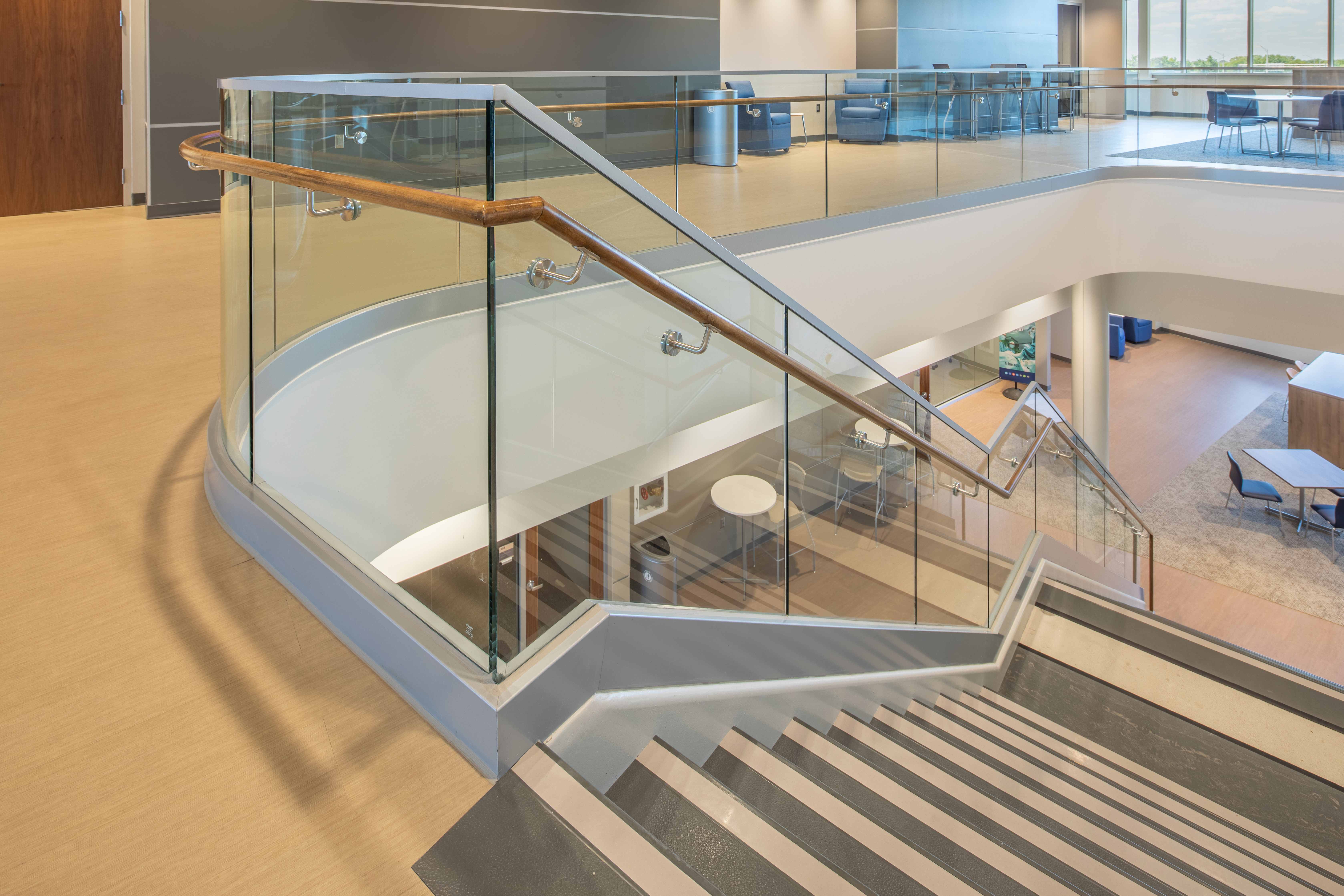 Trine University Health Professions Building — Structural Glass Curved Landing Guardrail, Detail