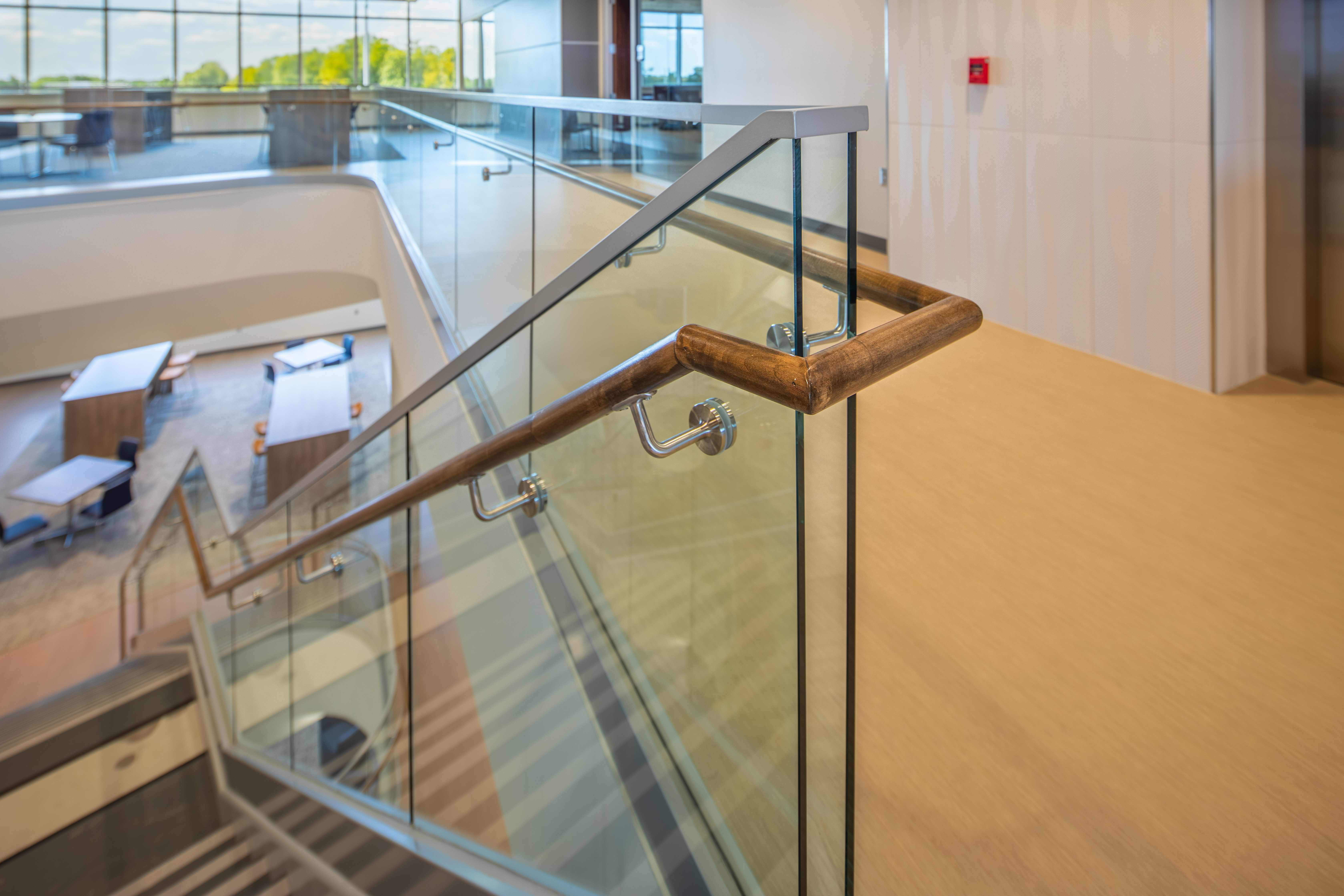 Trine University Health Professions Building — Structural Glass Wood Top Cap Hardware Close-Up
