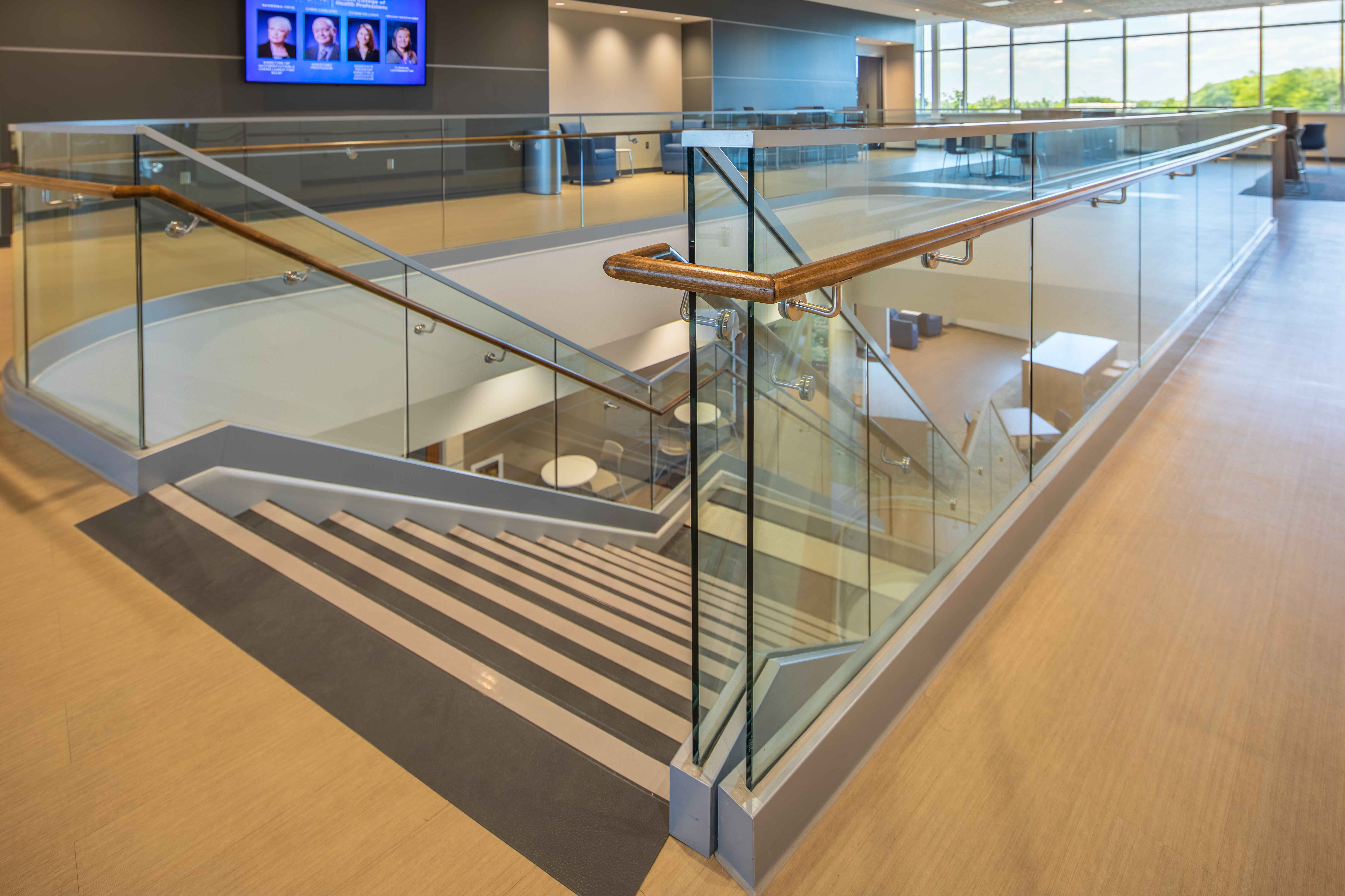 Trine University Health Professions Building — Structural Glass at Stair Top Landing with Upper Mezzanine