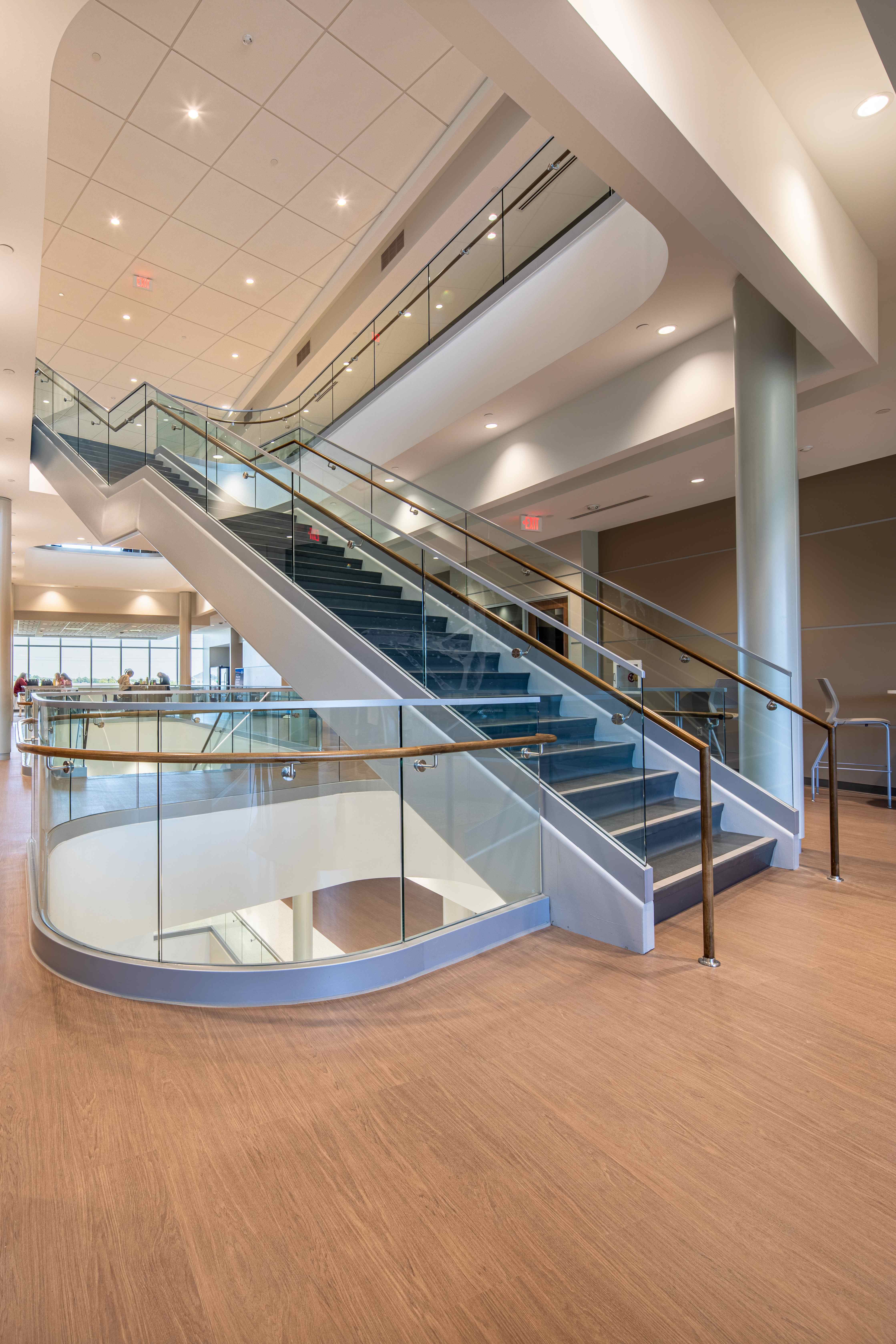 Trine University Health Professions Building — Structural Glass Full Lobby Stair, Wide View