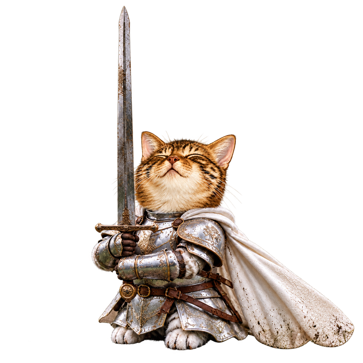 Triumphant tabby cat knight with closed eyes, silver armor, a white cape and an enormous upright sword