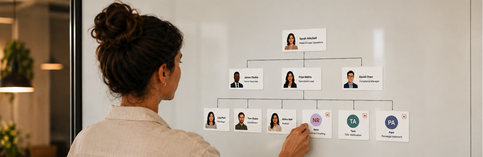 Woman placing AI agent cards on an org chart alongside human team members