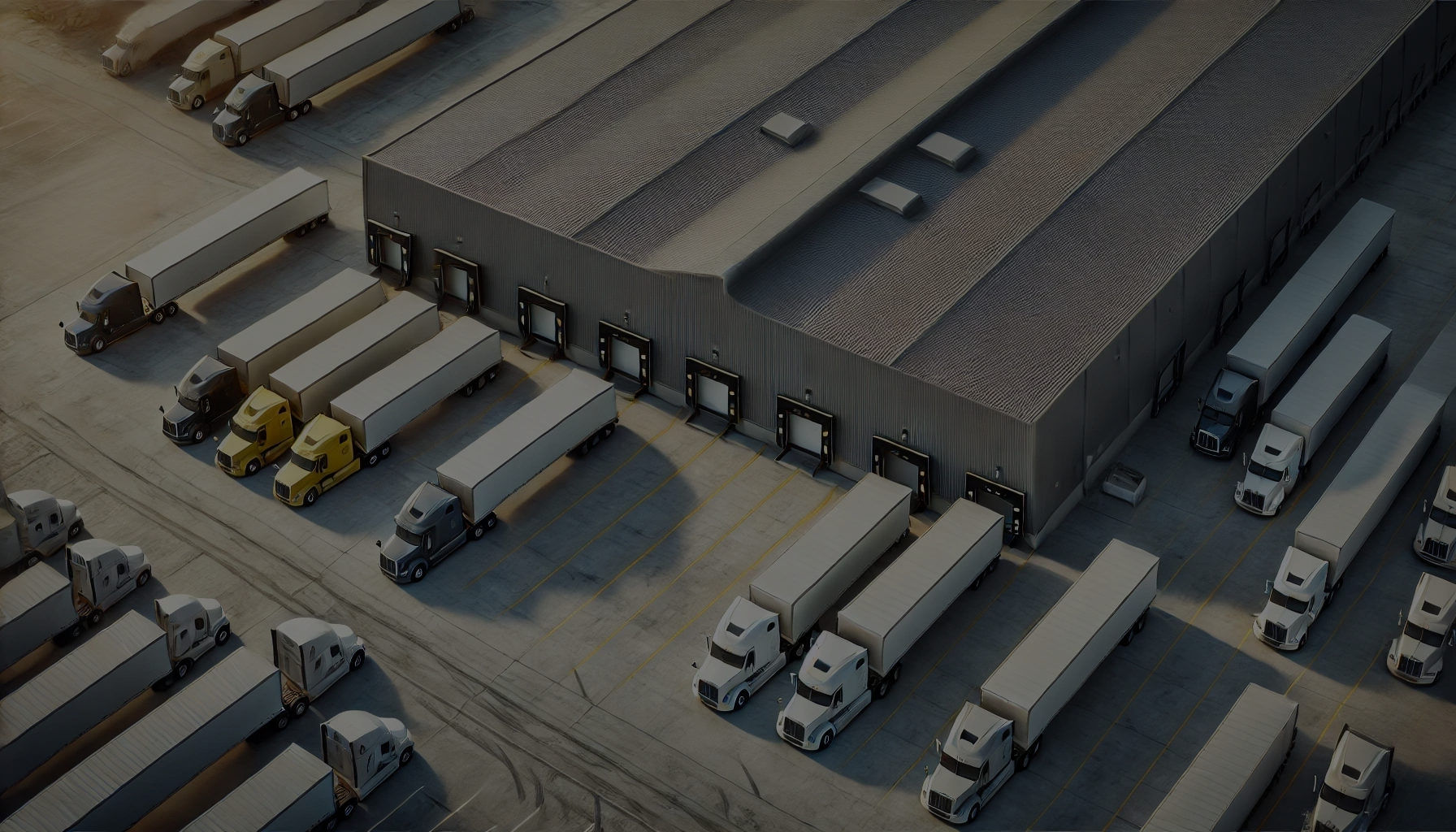 Aerial view of a distribution center with multiple semi-trucks lined up at loading docks