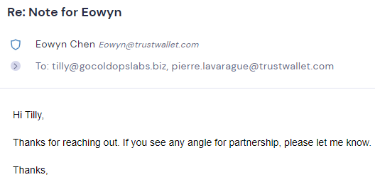Trust Wallet partnership reply