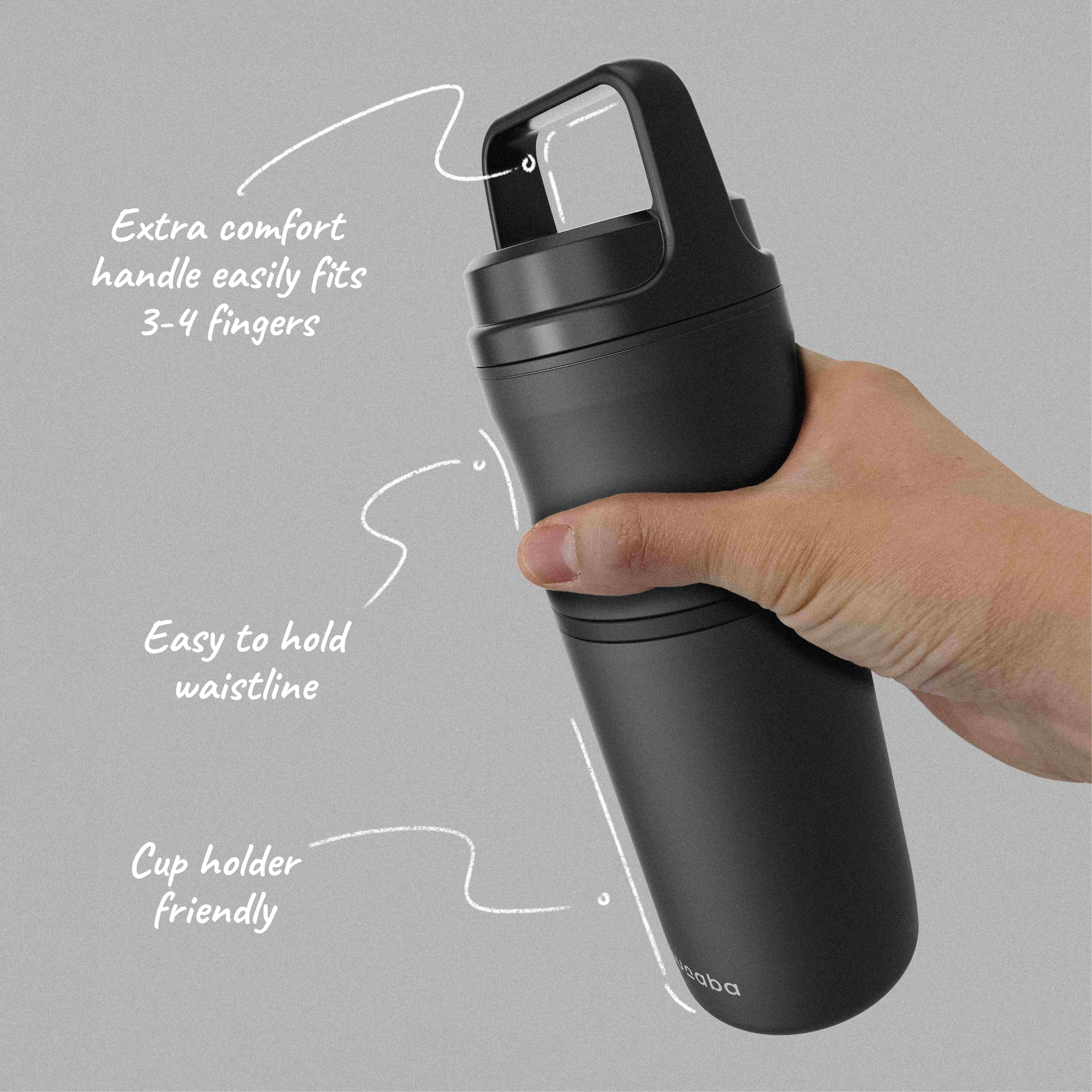 Hand holding Sunaba insulated tumbler with annotations highlighting ergonomic features: extra comfort handle fits 3-4 fingers, easy to hold waist line, cup holder friendly