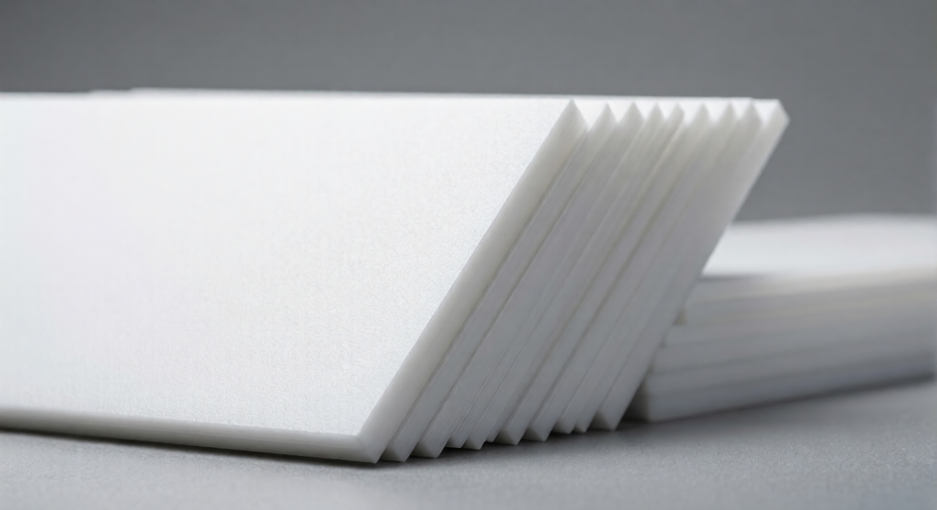 Stacked UHMW-PE sheet stock showing cut edges.