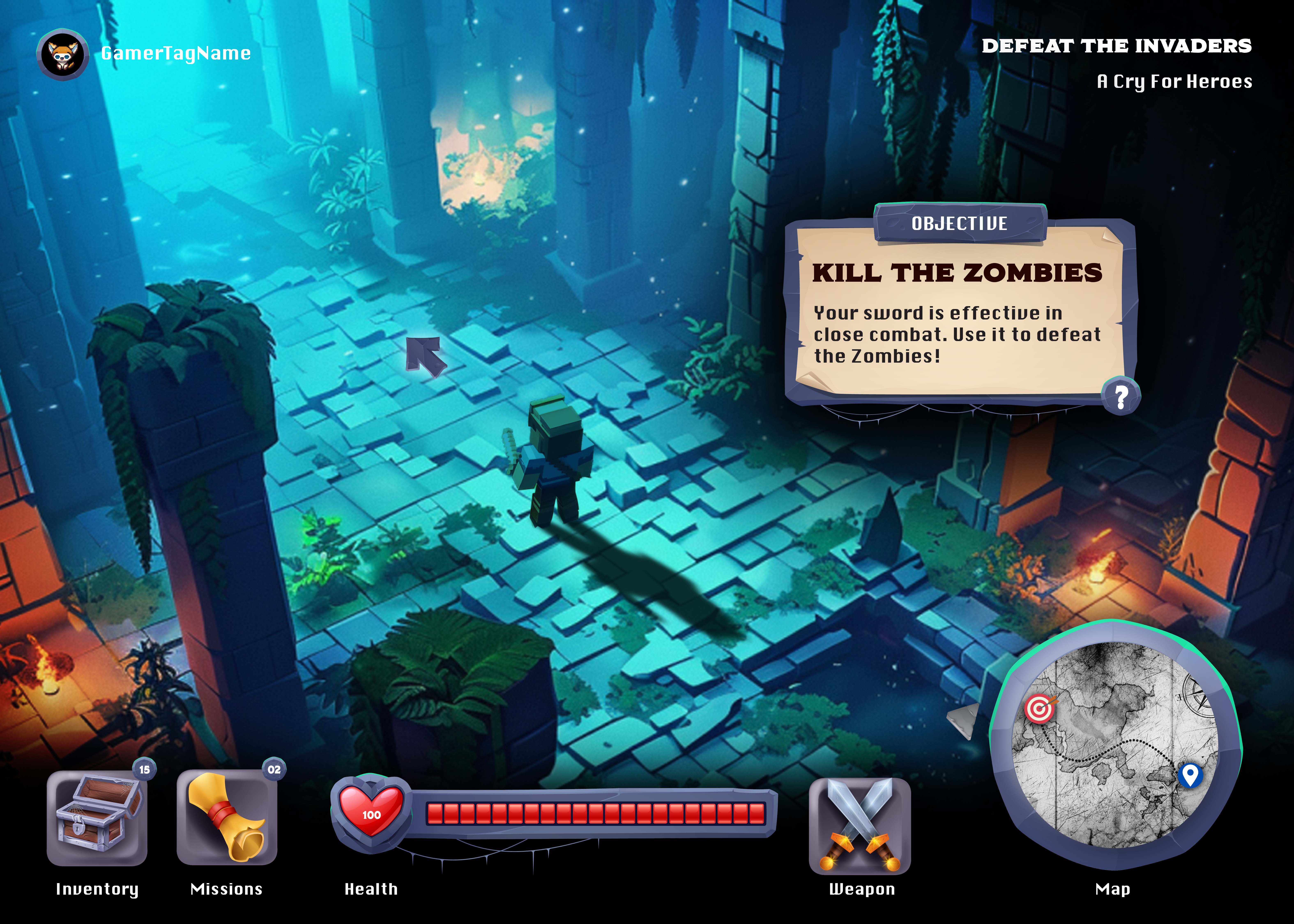 High-fidelity UI mockup of gameplay screen with HUD elements, objective panel, health bar, and minimap