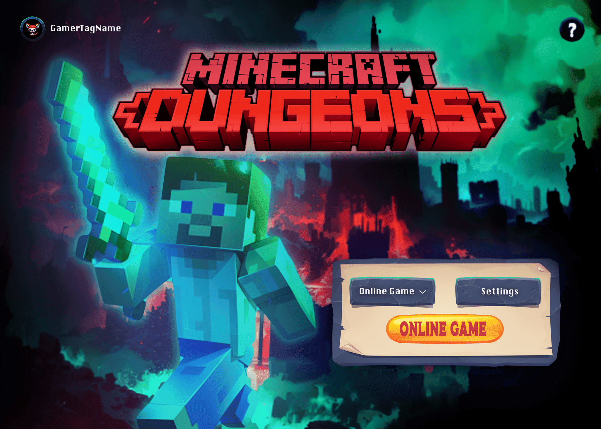 High-fidelity UI mockup of Minecraft Dungeons home screen with character, game logo, and simplified navigation