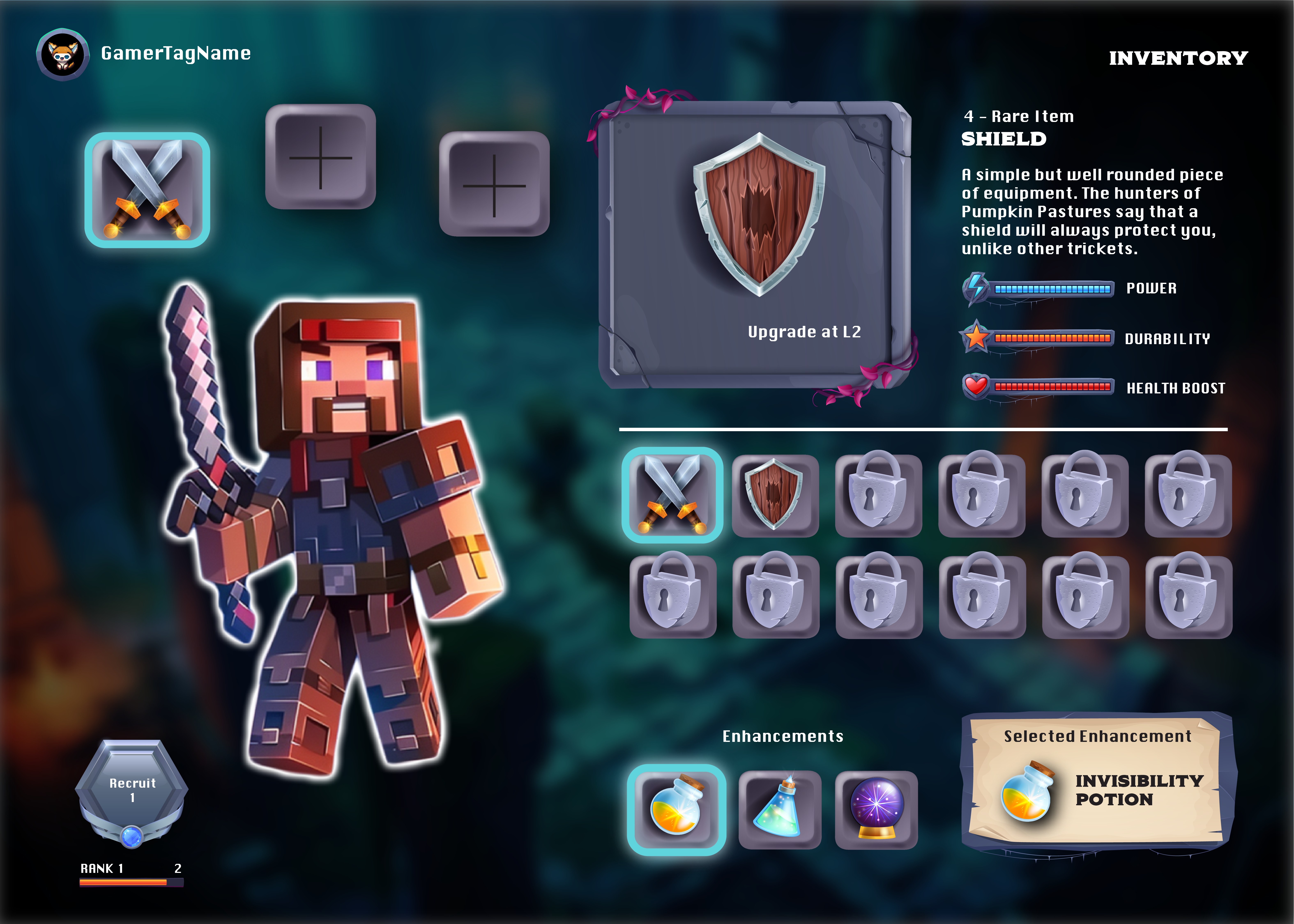High-fidelity UI mockup of inventory screen with equipped items, stat bars, locked slots, and enhancements