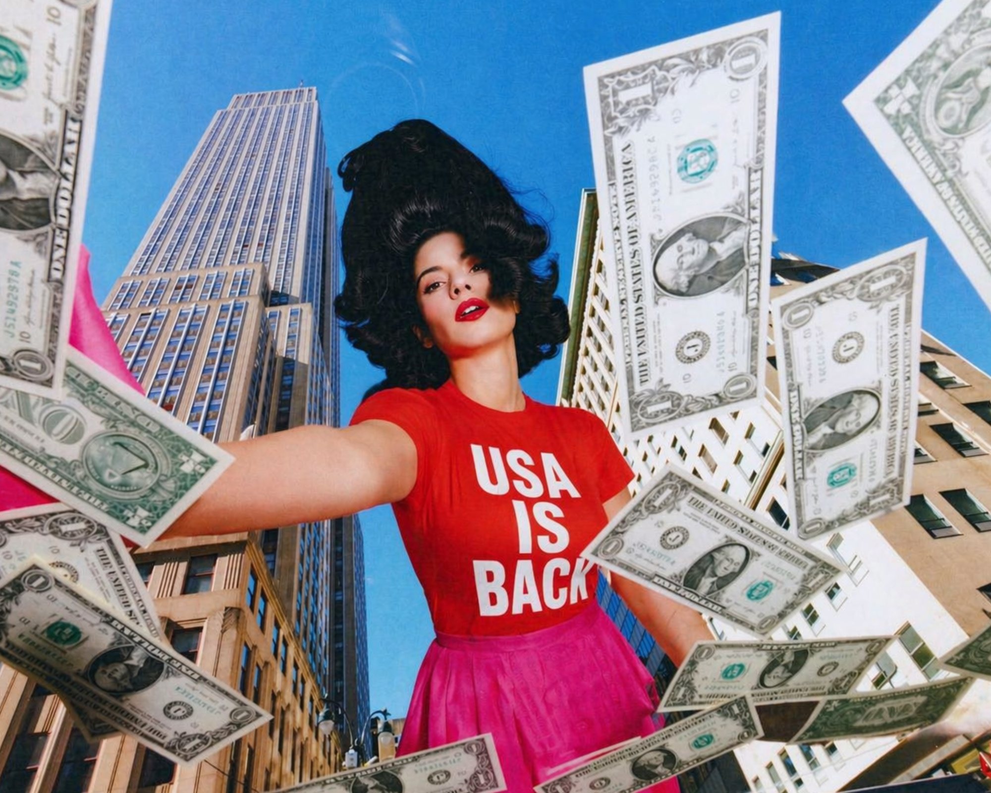 Woman in retro style surrounded by falling money in city