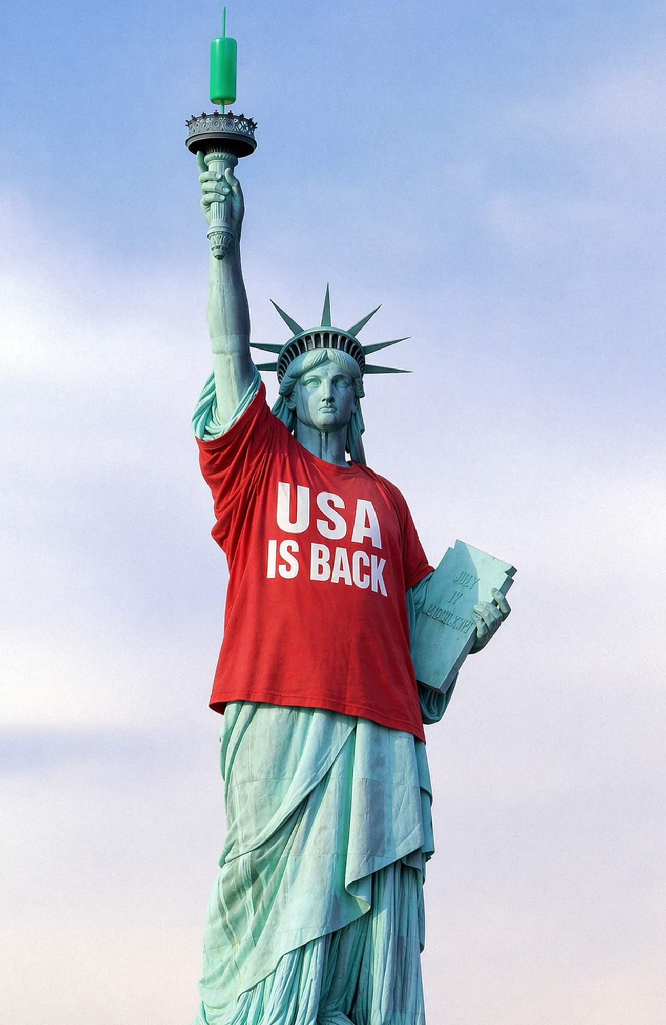 Statue of Liberty wearing USA IS BACK shirt holding torch